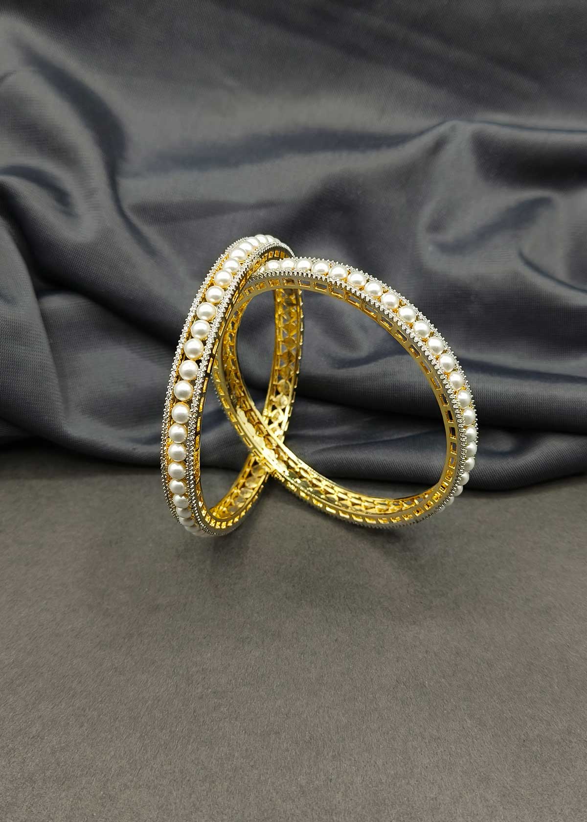 Pearl & Cubic Zircon Gold And Silver Plated Fixed Bangles ( Pair )