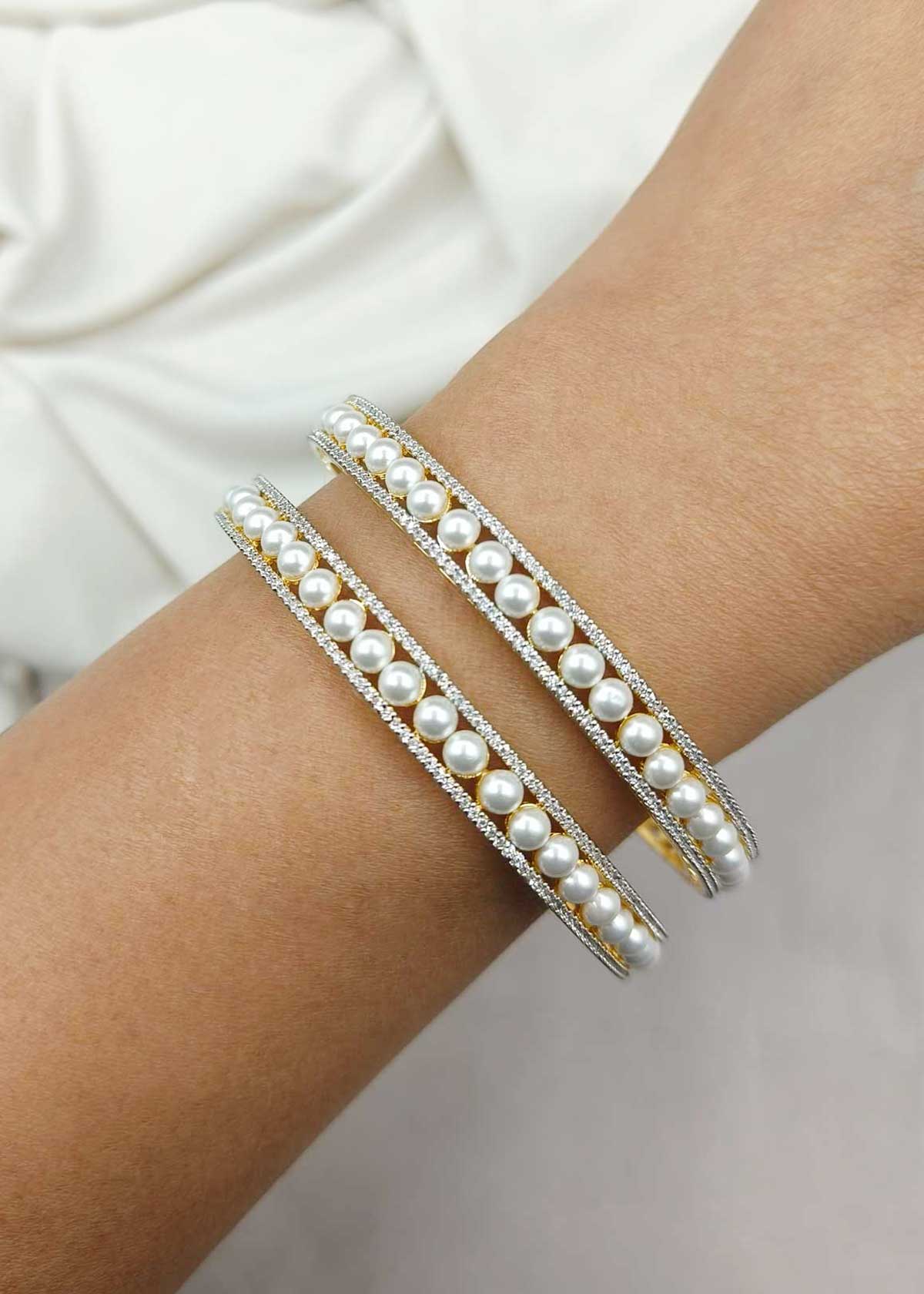 Pearl & Cubic Zircon Gold And Silver Plated Fixed Bangles ( Pair )