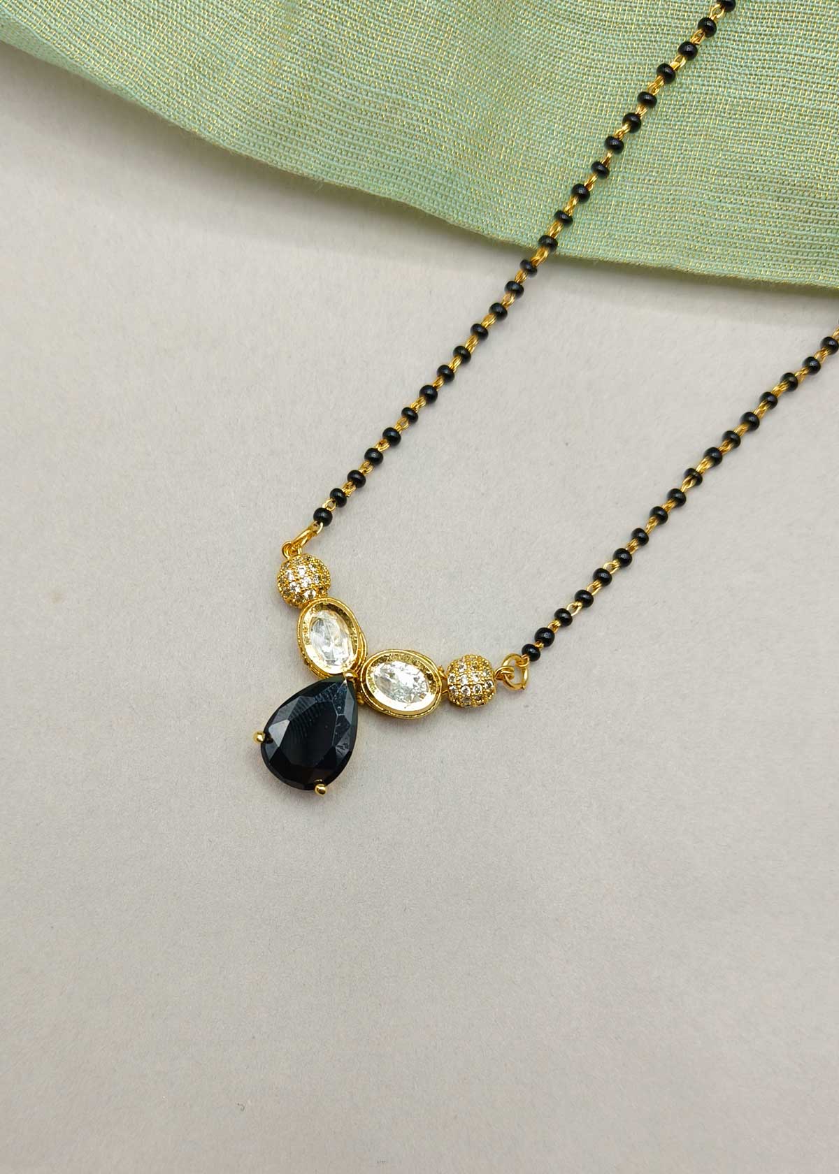 Premium Black Bead Gold-Plated Cubic Zircon And Kundan Teardrop Mangalsutra Necklace