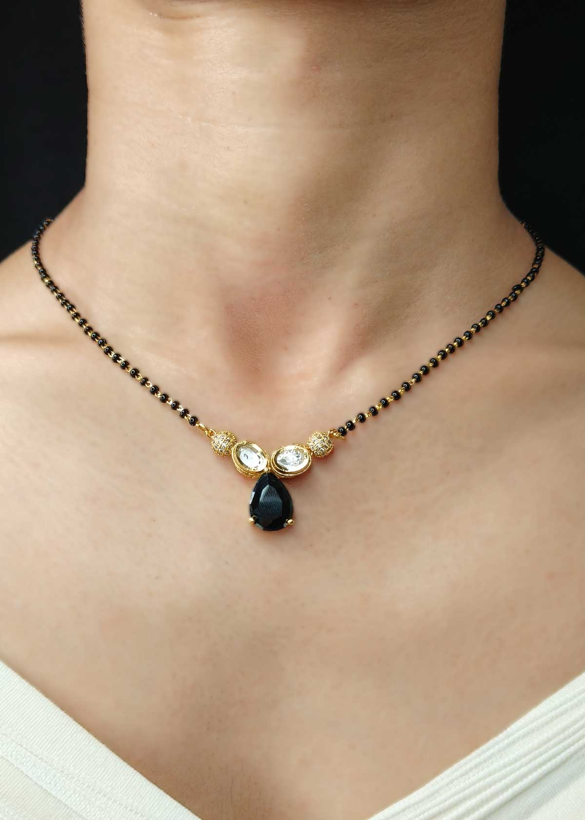 Premium Black Bead Gold-Plated Cubic Zircon And Kundan Teardrop Mangalsutra Necklace