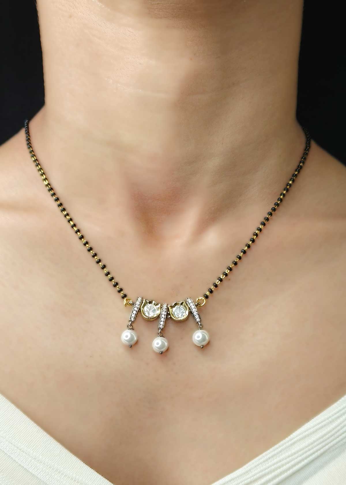 Modern Heritage Pearl-Drop Cubic Zircon Kundan Gold Plated Mangalsutra Necklace