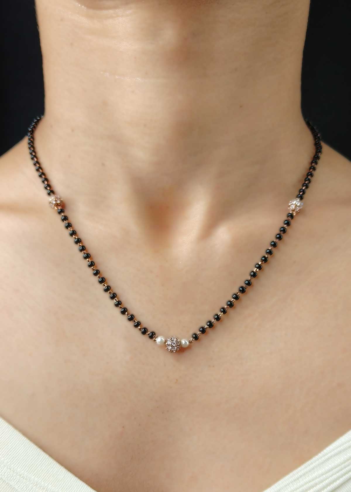 Shimmering Rose Gold Cubic Zircon Pearl Mangalsutra Necklace