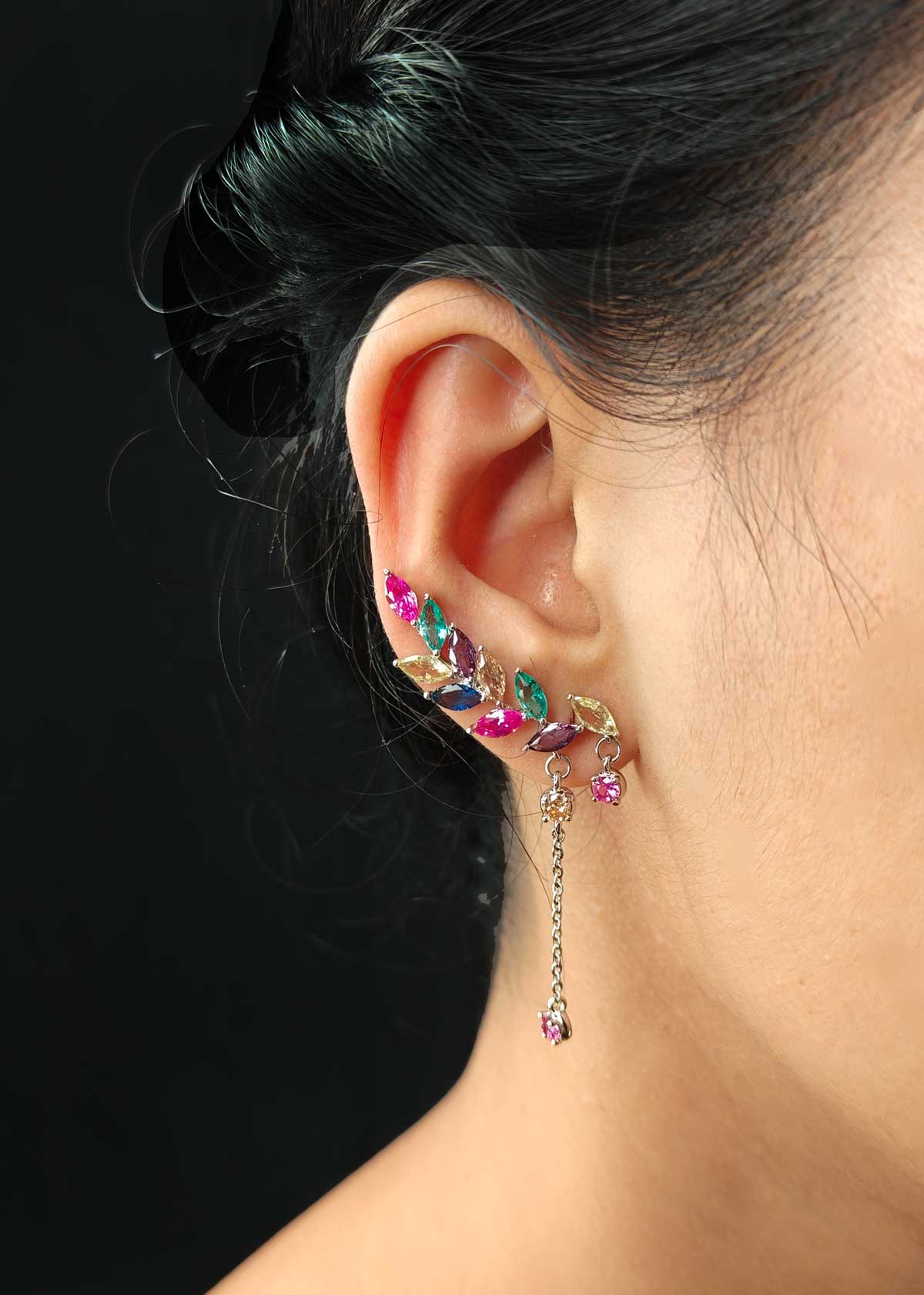 Multicolor Marquise Diamond Silver-Plated Ear Cuff With Dangling Accents