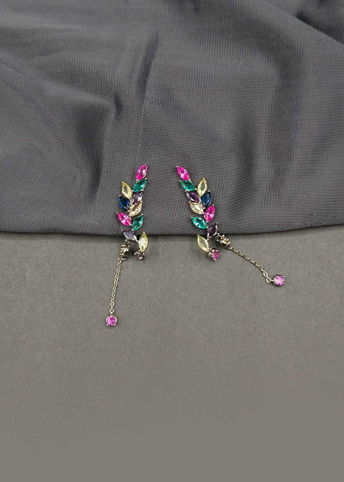 Multicolor Marquise Diamond Silver-Plated Ear Cuff With Dangling Accents