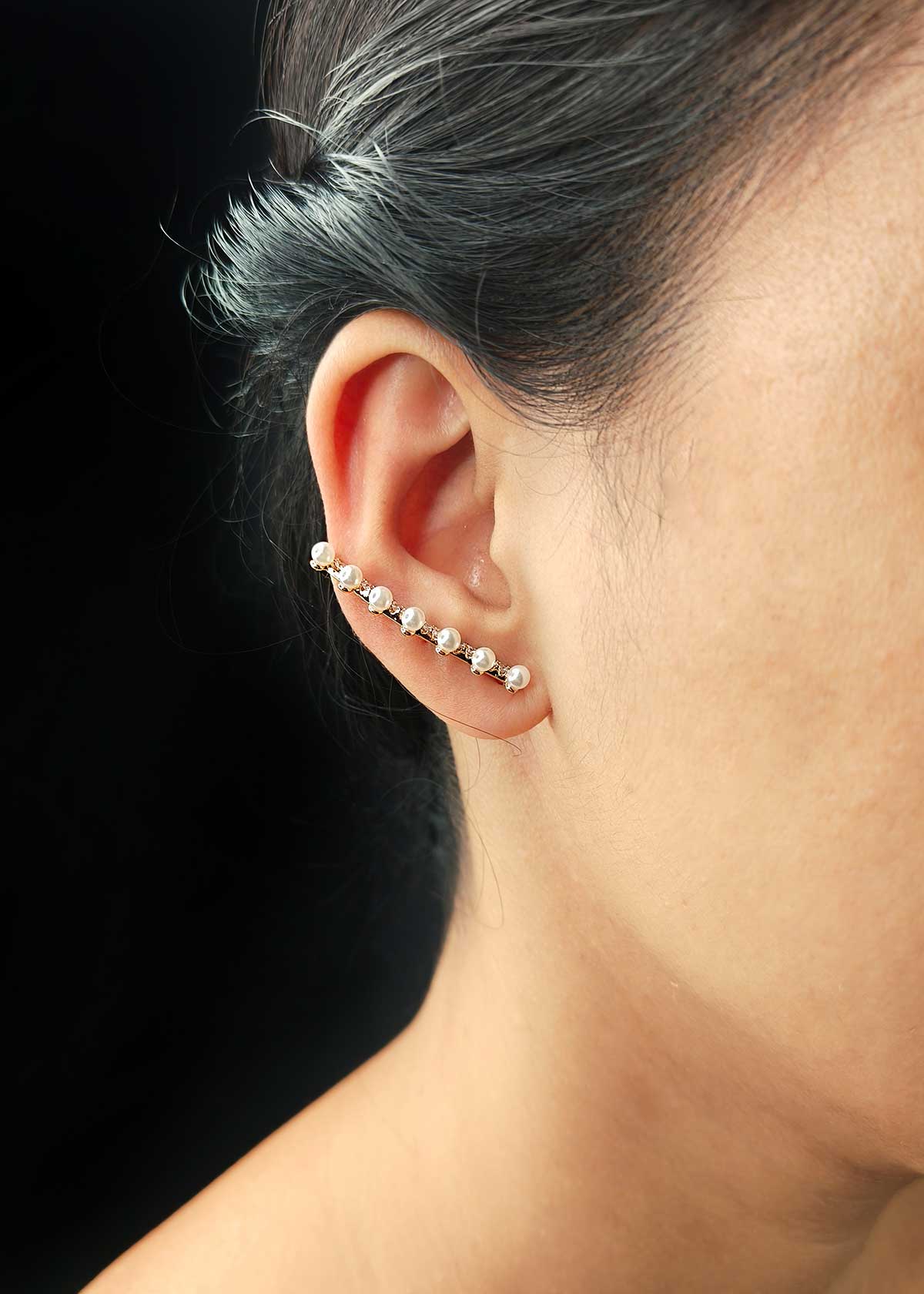 Luminous Pearl And Cubic Zircon Gold Plated Ear Cuff For Women