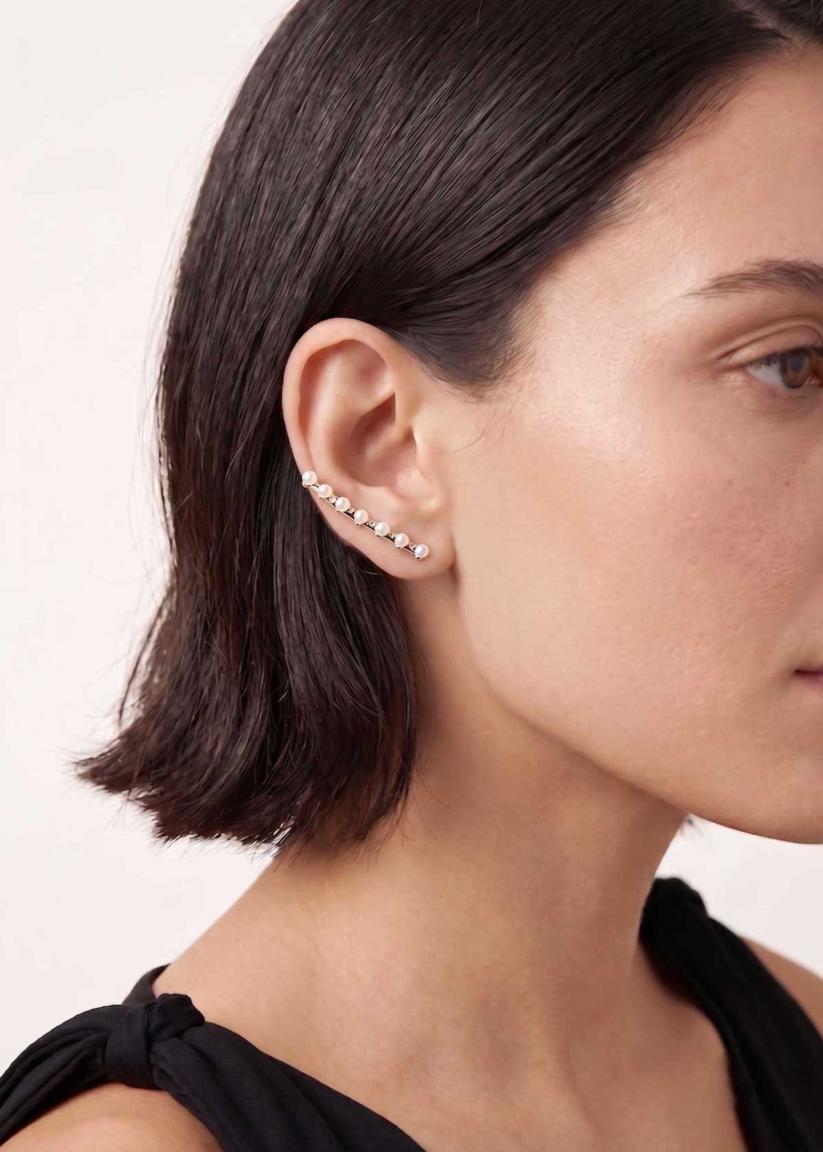 Luminous Pearl And Cubic Zircon Gold Plated Ear Cuff For Women