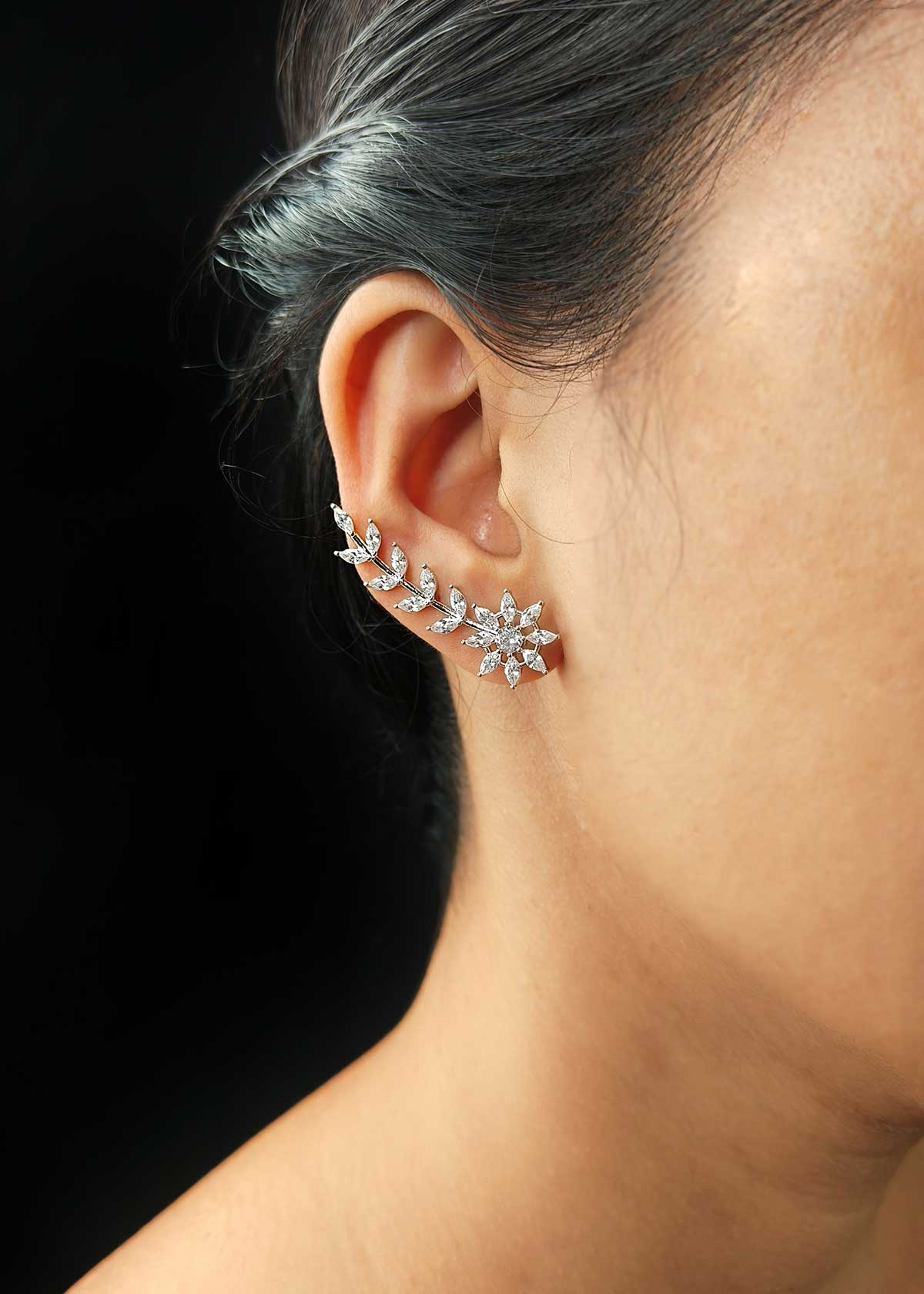 Sparkling Leaf-Vine Ear Cuff Gold And Silver Plated Cubic Zircon Ear Cuff For Women
