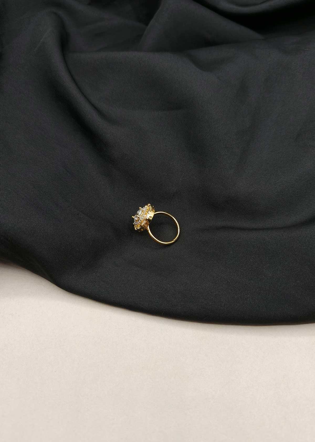 Majestic Pear Solitaire With Baguette Cubic Zircon Gold Plated Adjustable Ring