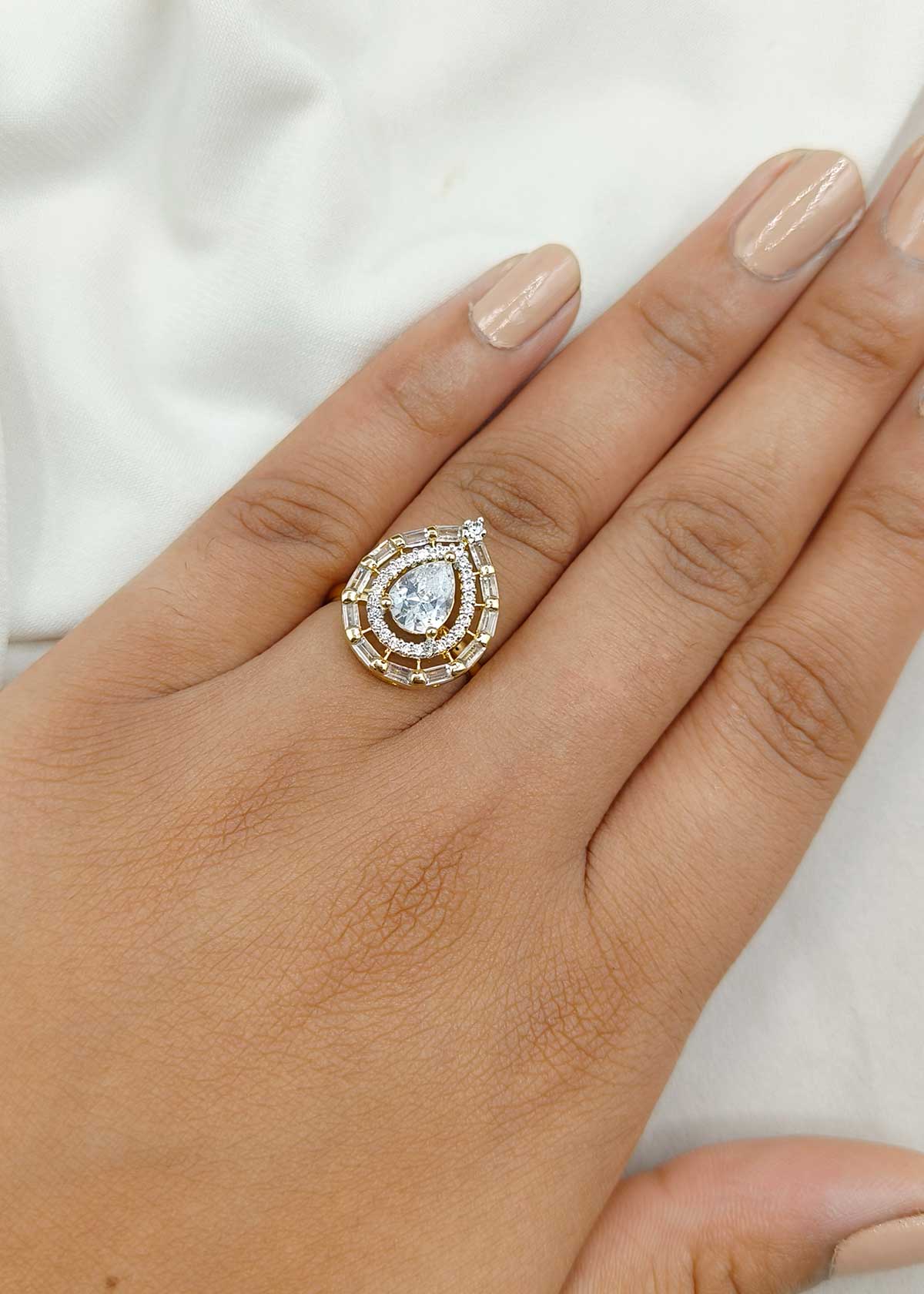 Majestic Pear Solitaire With Baguette Cubic Zircon Gold Plated Adjustable Finger Ring
