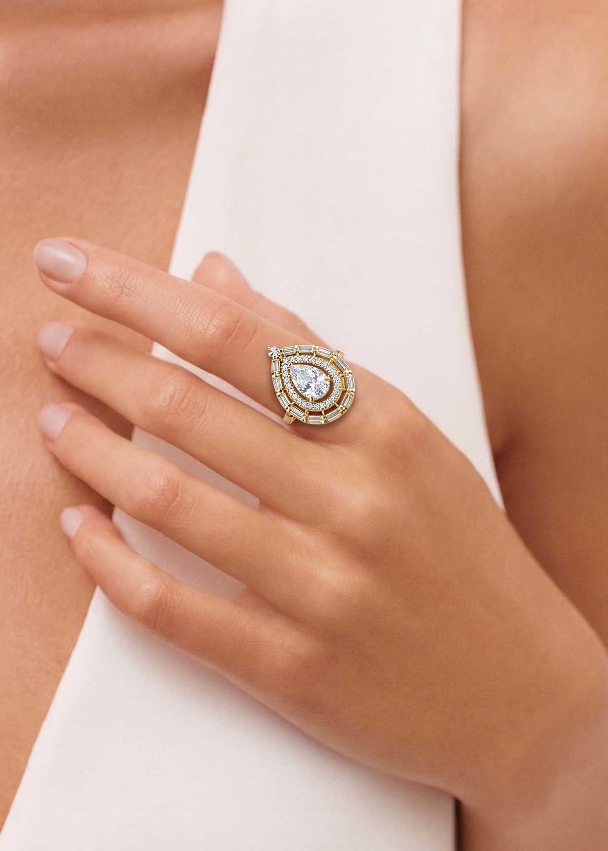 Majestic Pear Solitaire With Baguette Cubic Zircon Gold Plated Adjustable Finger Ring For Women