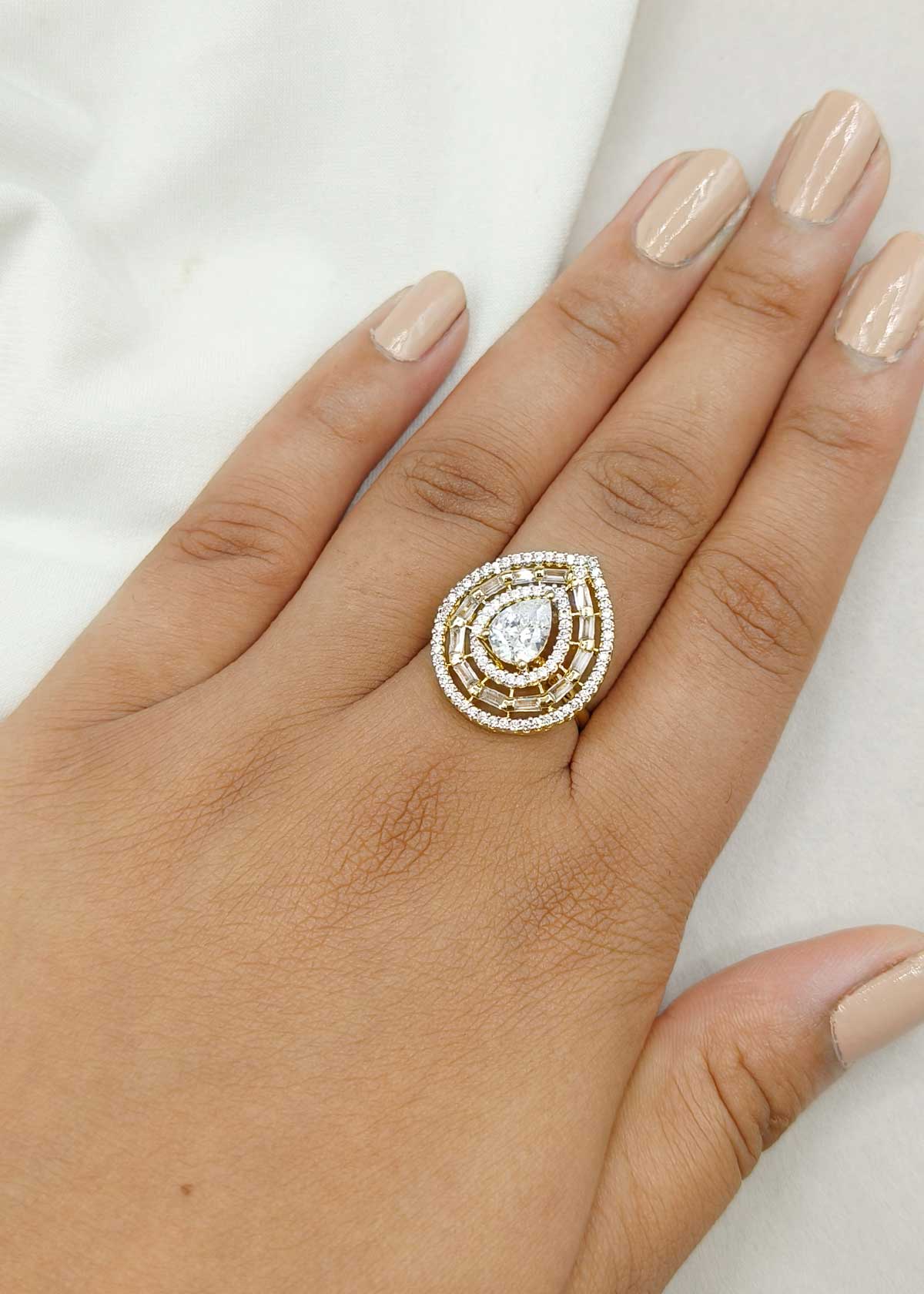 Majestic Pear Solitaire With Baguette Cubic Zircon Gold Plated Adjustable Ring