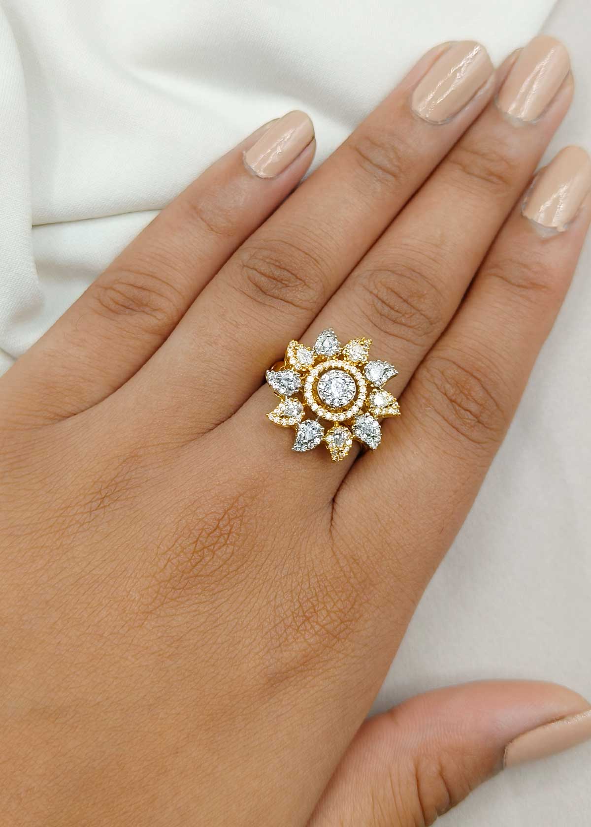 Regal Floral Bloom Gold And Silver Plated Cubic Zircon Adjustable Ring
