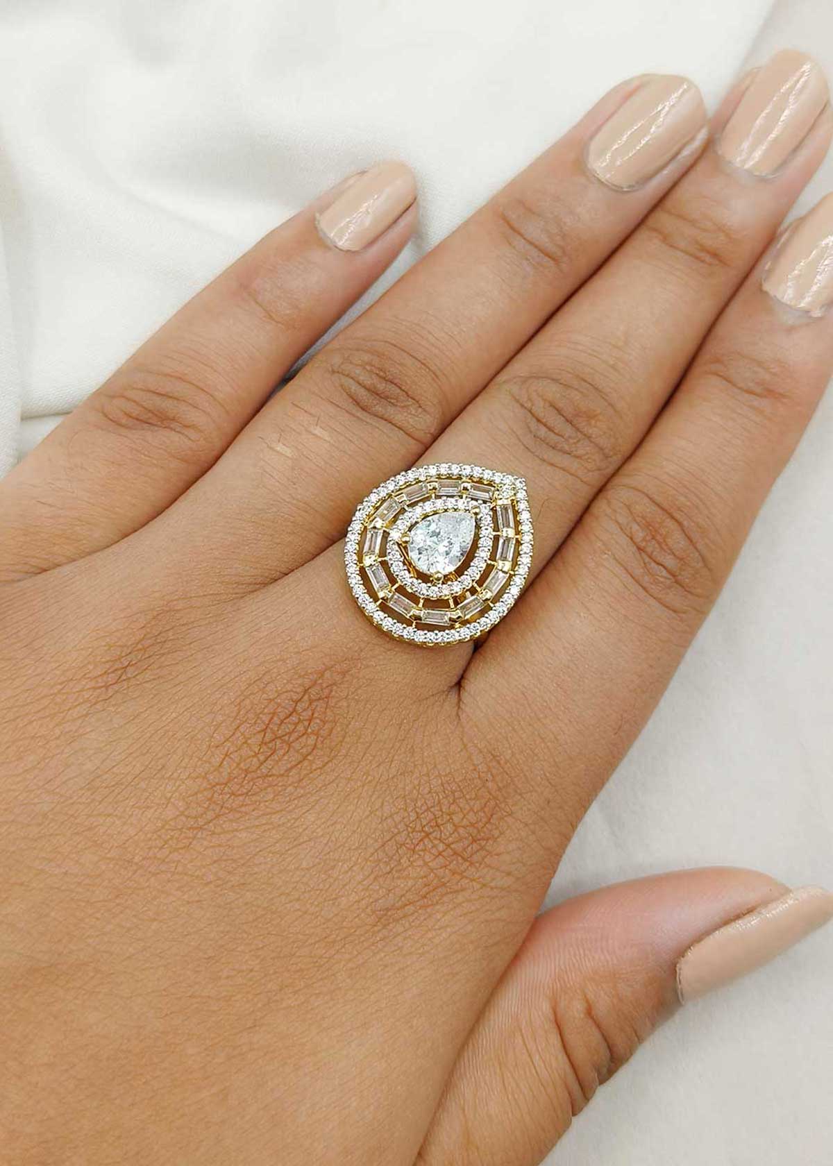 Dazzling Pear-Drop Baguette And Cubic Zircon Adjustable Ring