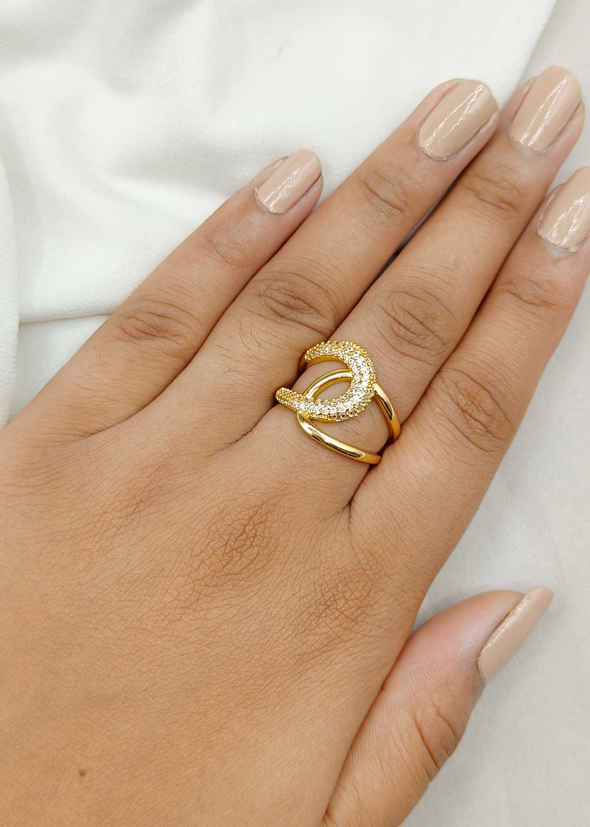 Gold Plated Interlocking Crescent Cubic Zircon Adjustable Ring