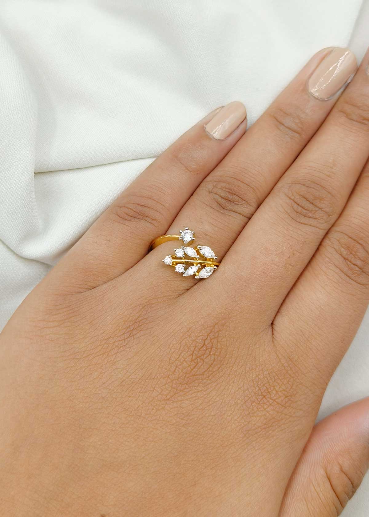 Gold Plated Dual Tone Cubic Zircon Leaf Branch Adjustable Ring