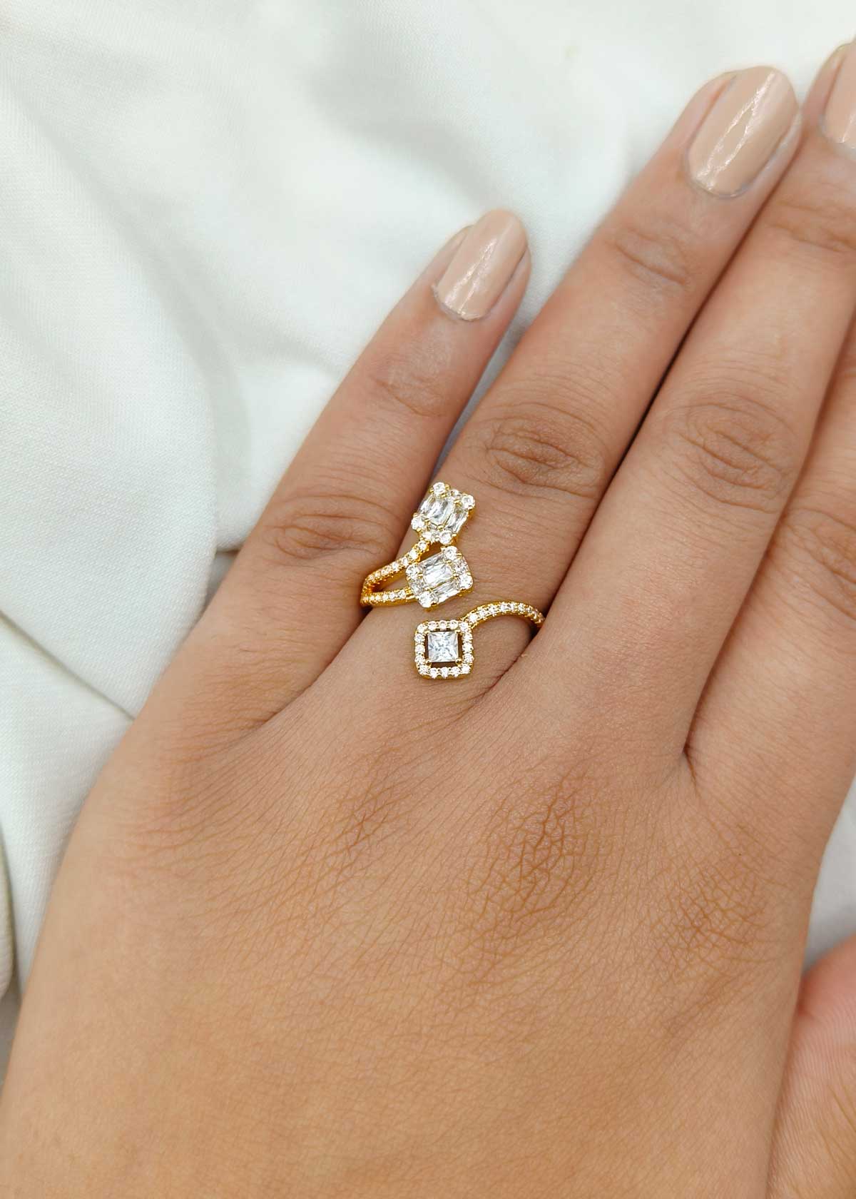 Elegant Gold Plated Three-Stone Cluster Adjustable Finger Ring