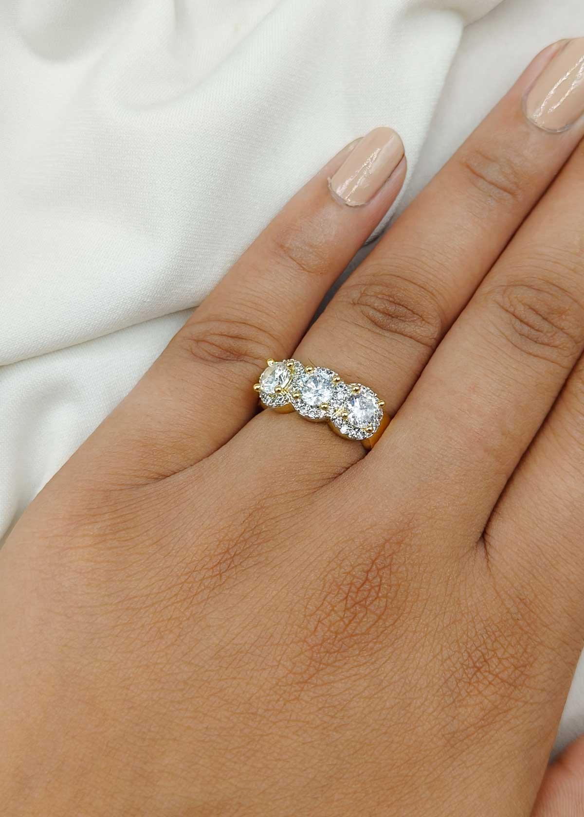 Classic Three-Stone Cubic Zircon Gold Plated Adjustable Ring