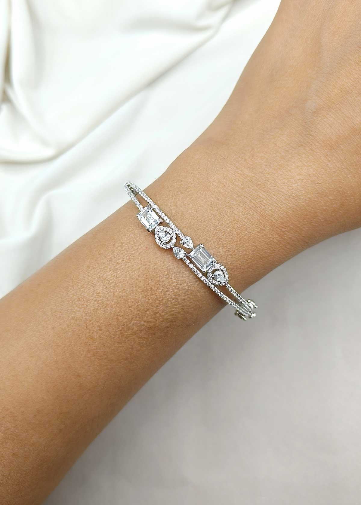 Luxe Silver Plated Baguette and Teardrop Cubic Zircon Openable Kada