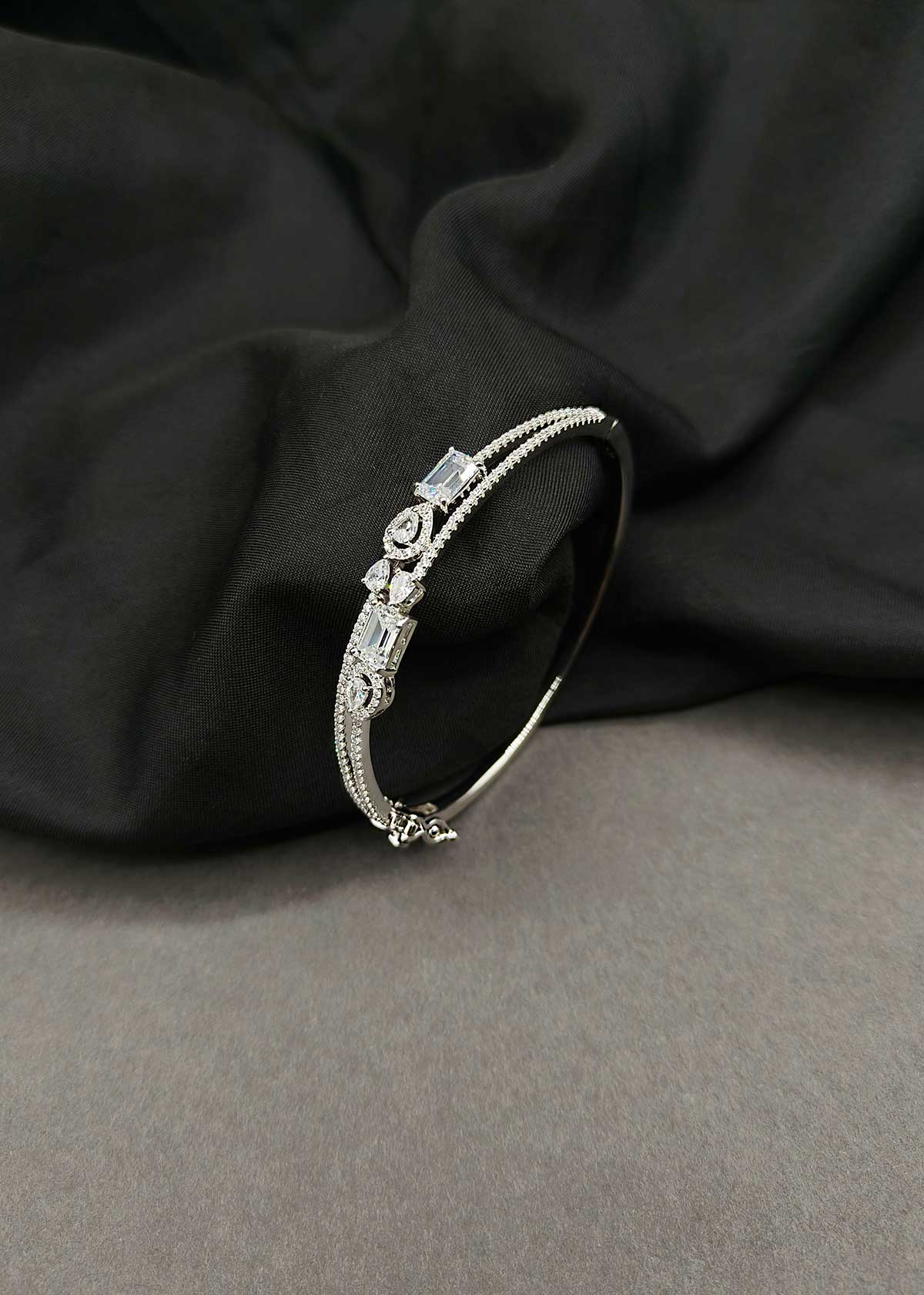 Luxe Silver Plated Baguette and Teardrop Cubic Zircon Openable Kada