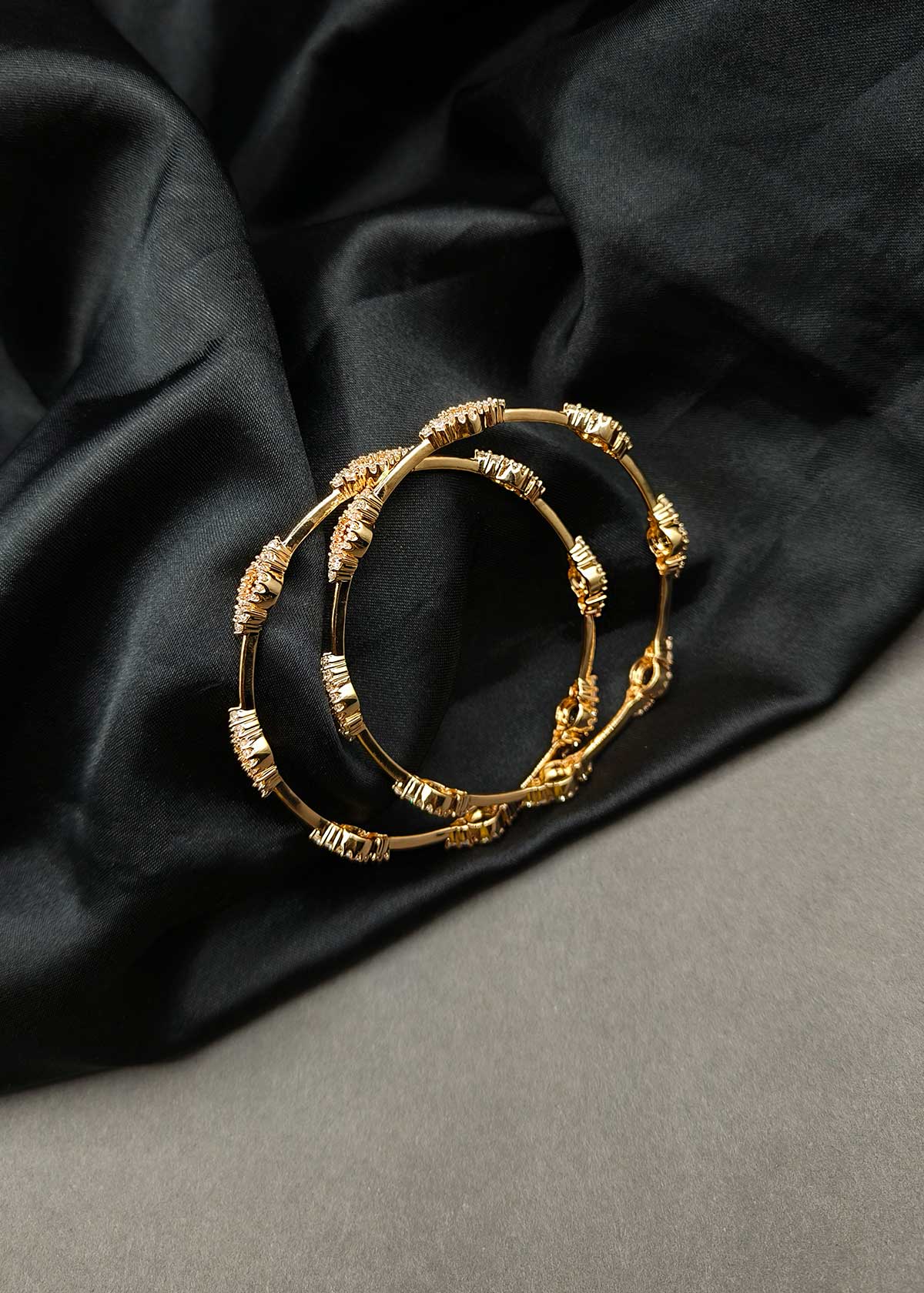 Radiant Circular-Motif Cubic Zirconia Gold-Plated Fixed Bangle (Pair)