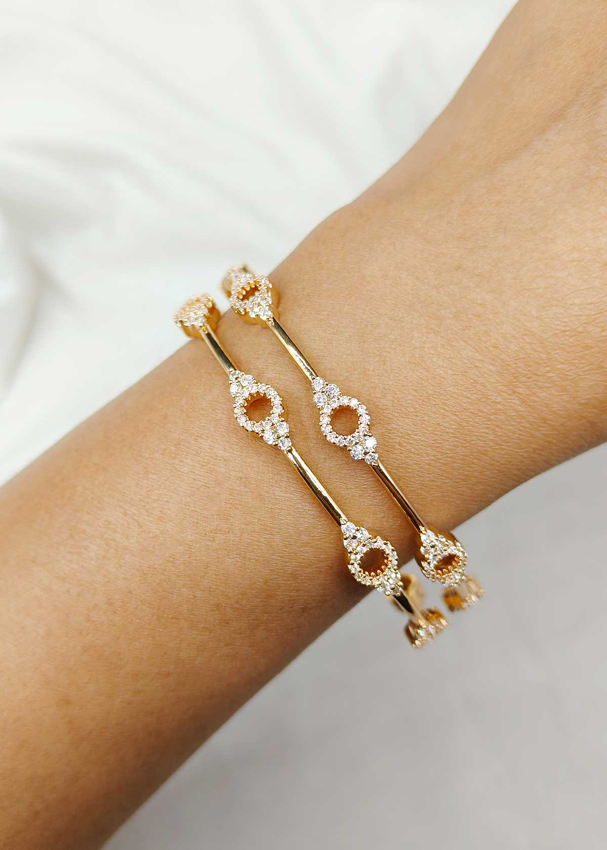 Radiant Circular-Motif Cubic Zirconia Gold-Plated Fixed Bangle (Pair)