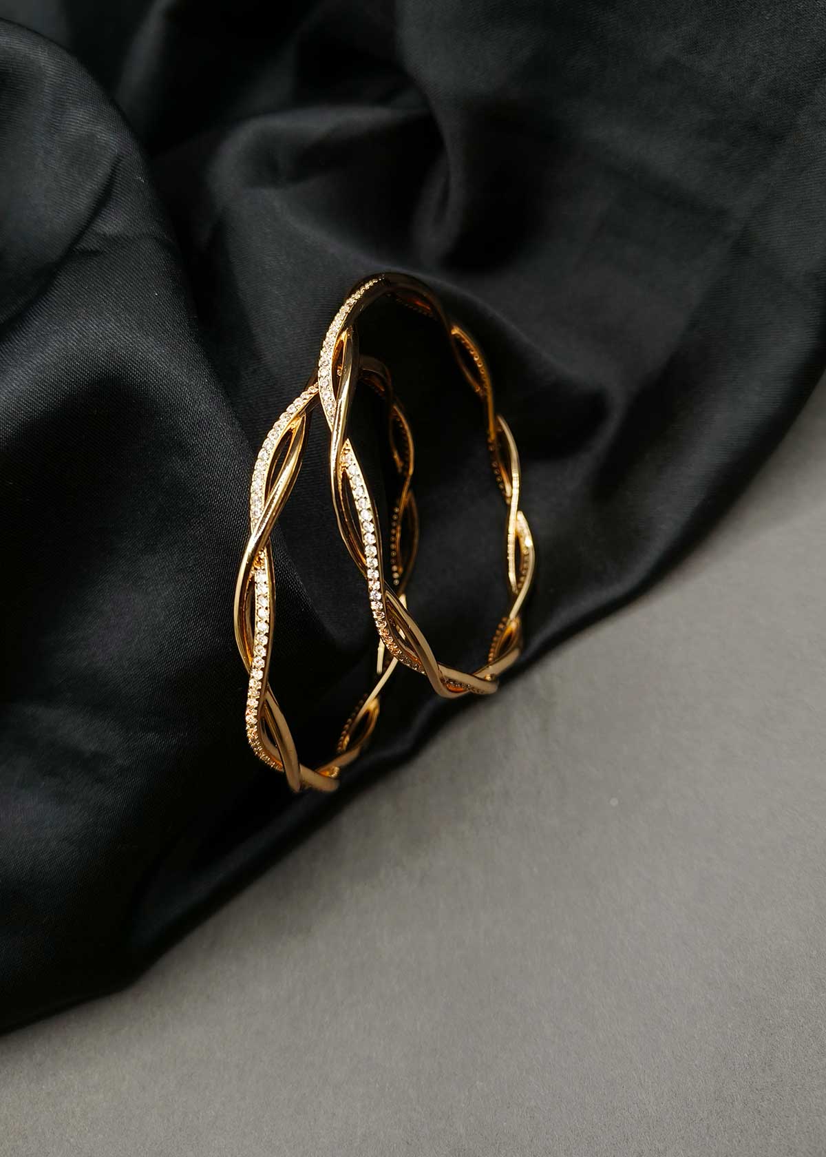 Refined Shimmering Twist Cubic Zirconia Gold-Plated Fixed Bangle (Pair)