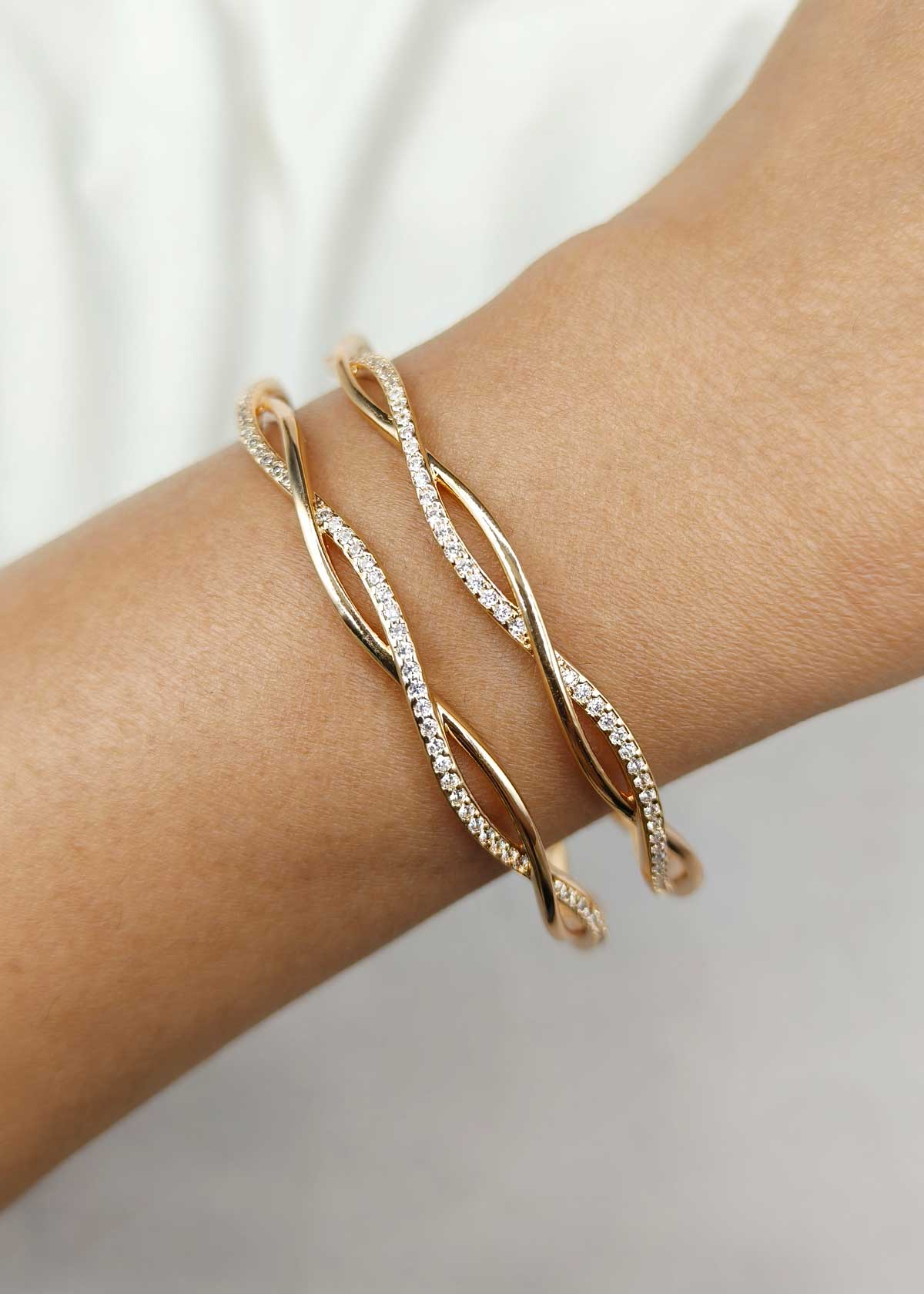 Refined Shimmering Twist Cubic Zirconia Gold-Plated Fixed Bangle (Pair)