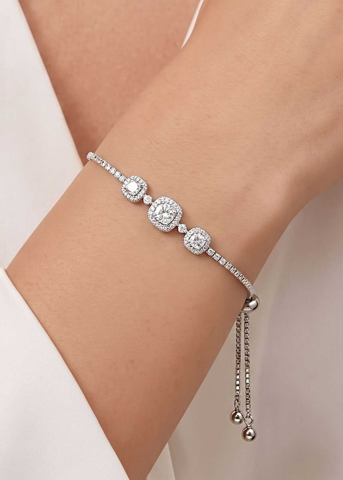 Radiant Silver-Plated Cubic Zircon Adjustable Slider Loose Bracelet For Women