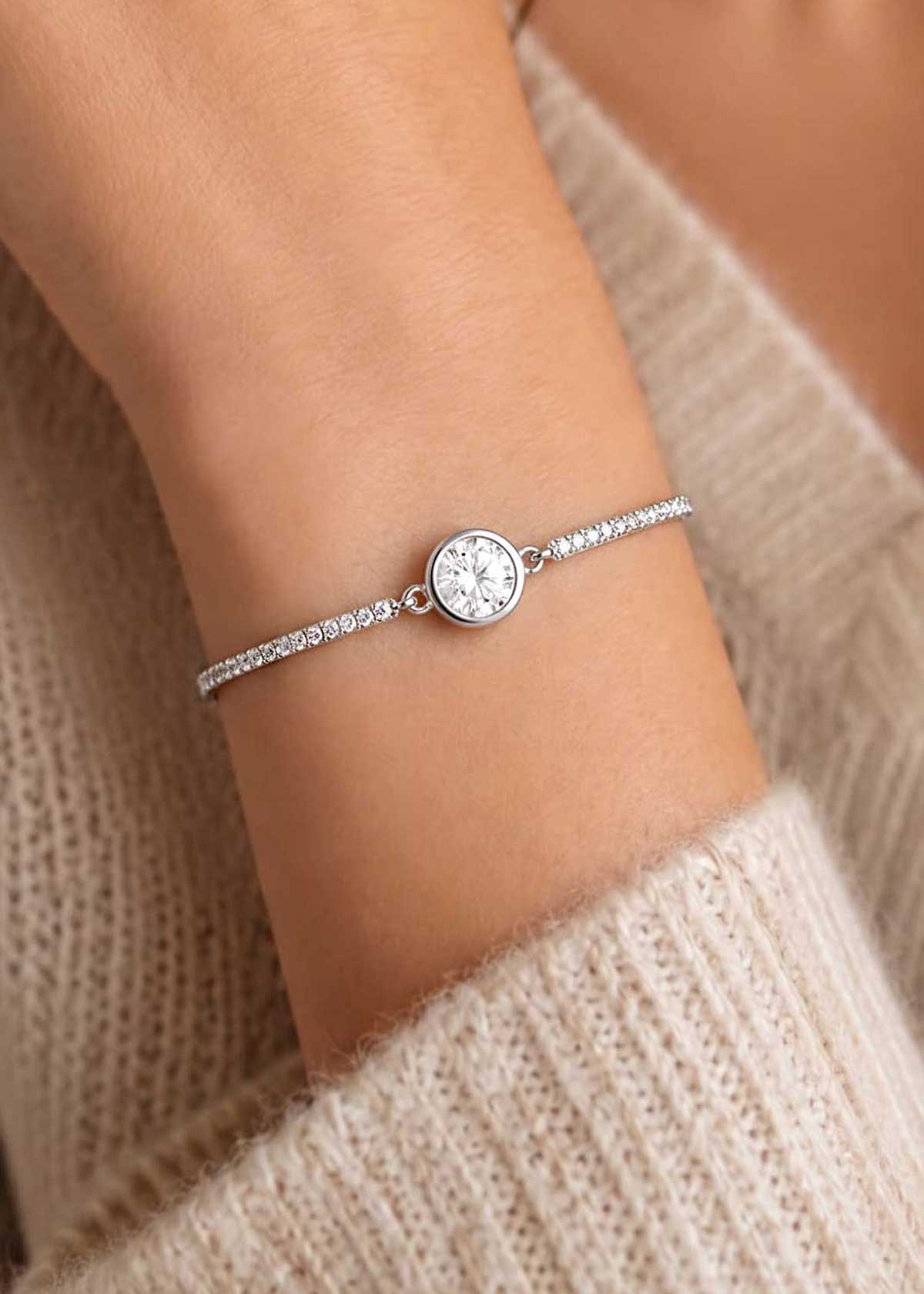 Elegant Gold And Silver-Plated Cubic Zircon Solitaire Adjustable Loose Bracelet For Women