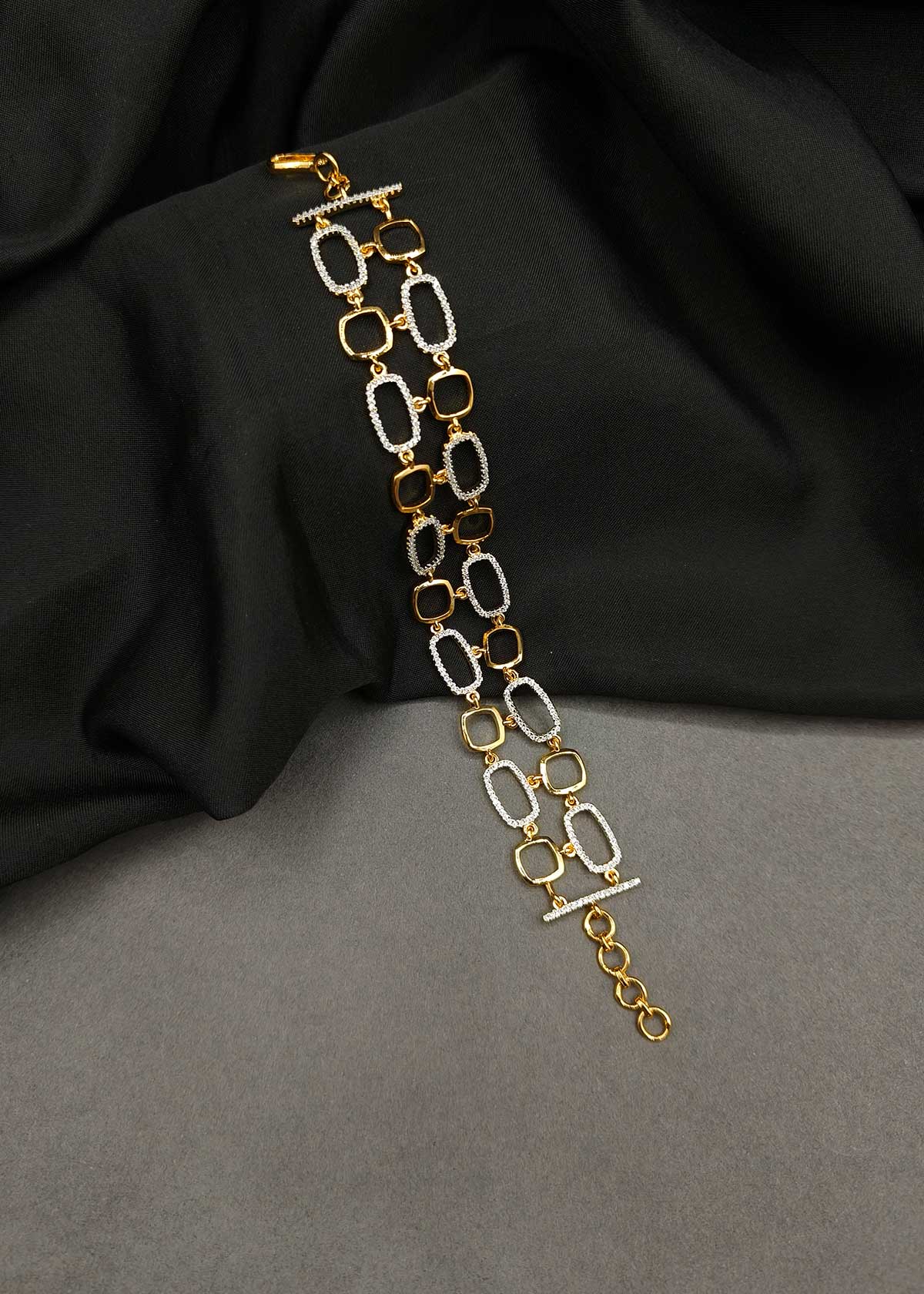 Statement Dual-Layer Gold And Silver-Plated Cubic Zircon Adjustable Loose Bracelet