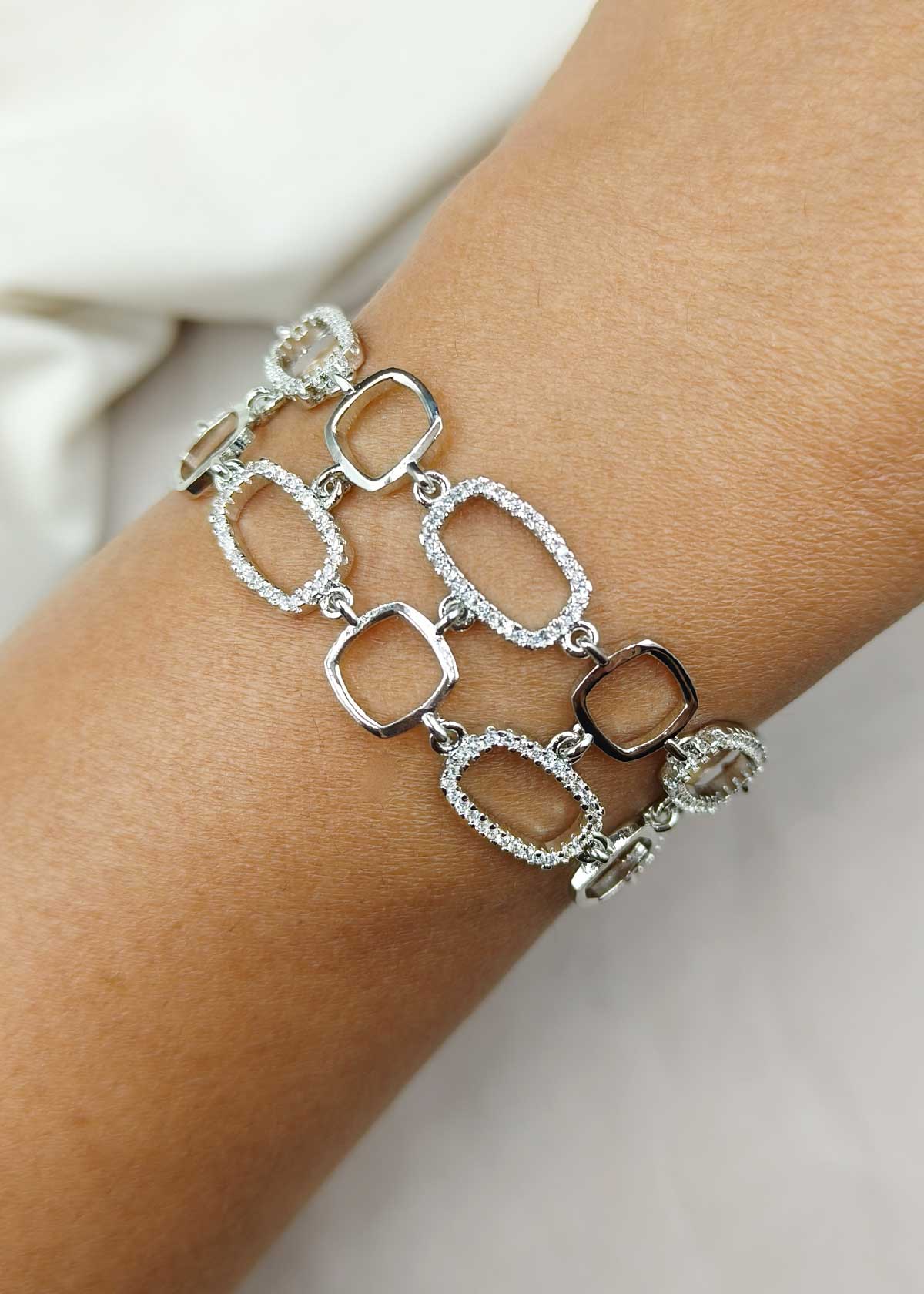 Statement Dual-Layer Gold And Silver-Plated Cubic Zircon Adjustable Loose Bracelet