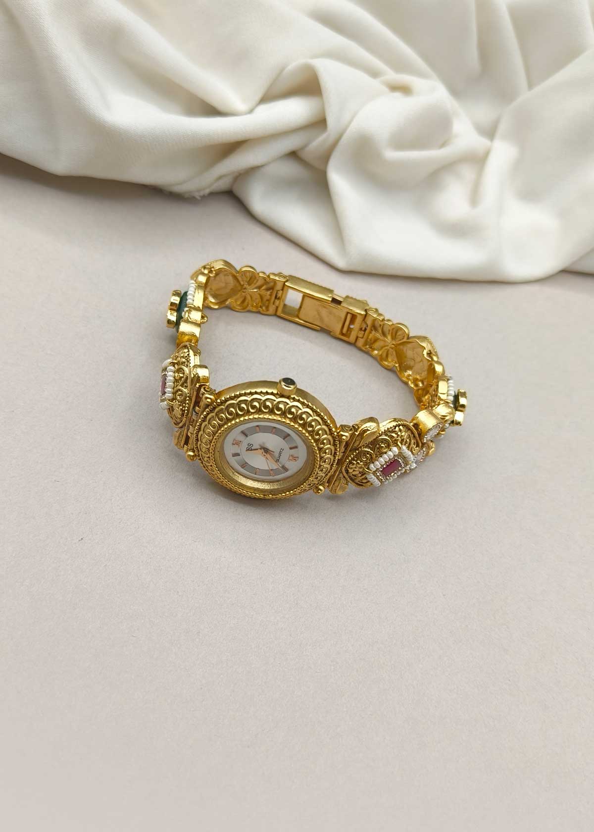 Traditional Meenakari, Kundan & Seed Pearl Heavy Bracelet Watch For Women