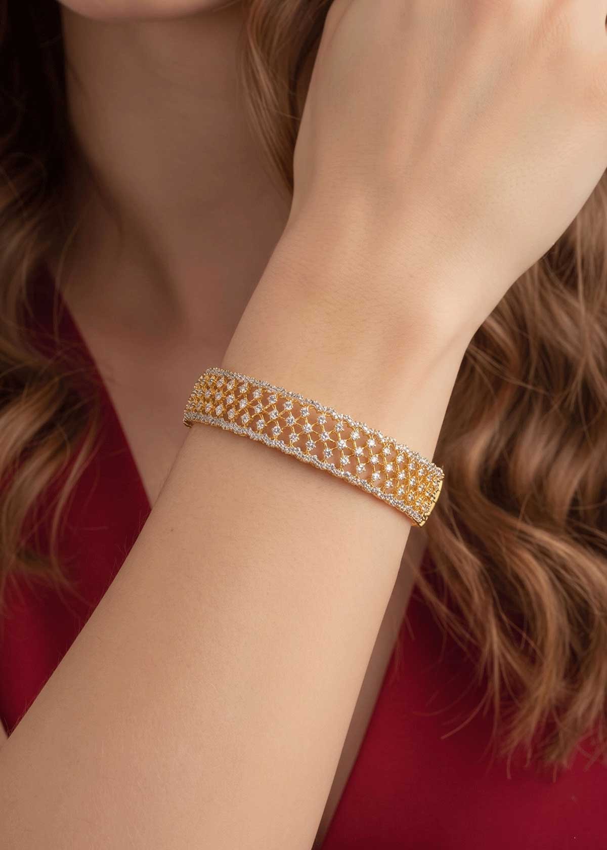Premium Cubic Zircon Gold And Silver Plated Openable Kada Bracelet