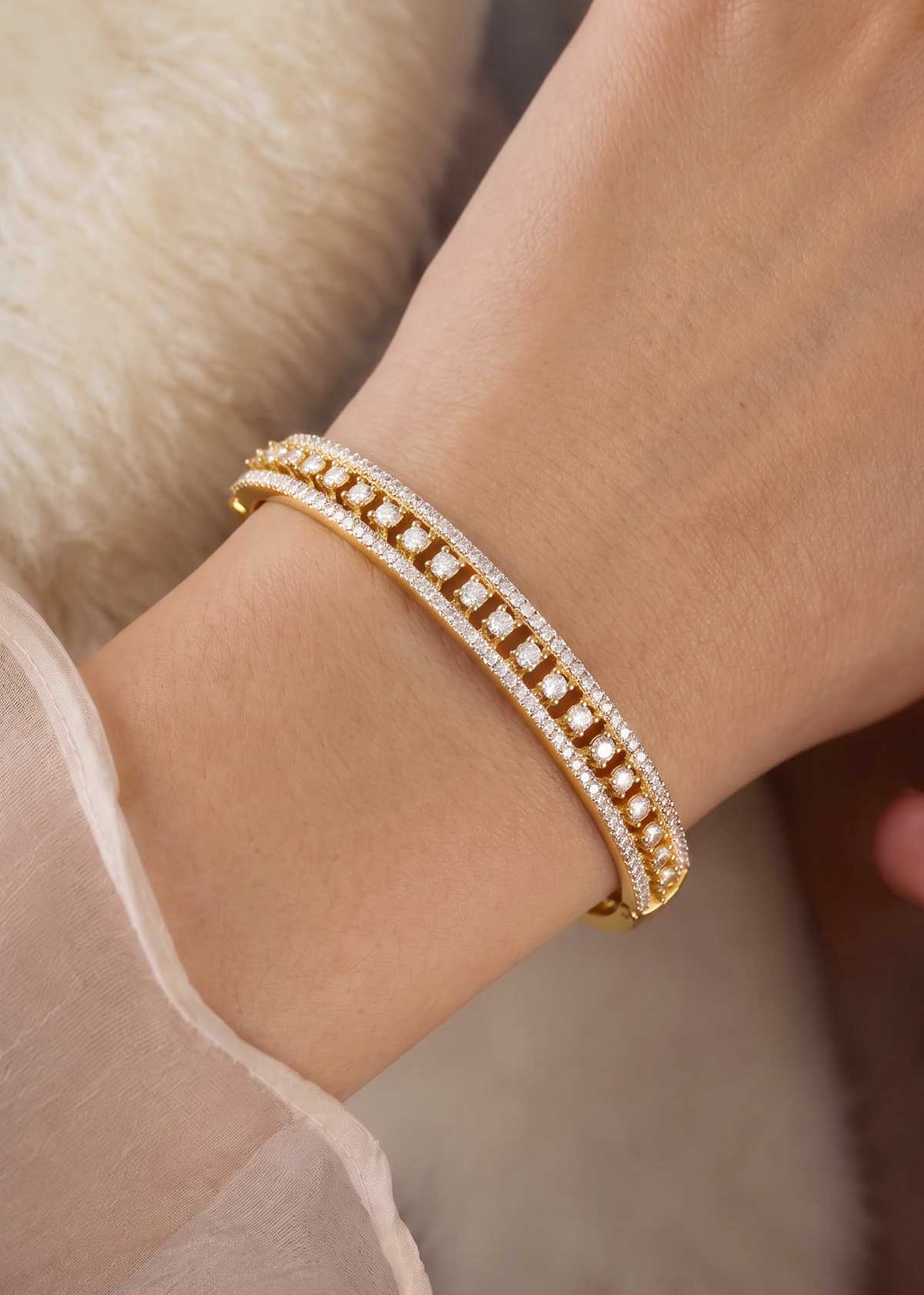 Elegant Double Row Cubic Zircon Gold And Silver Plated Openable Kada Bracelet For Women