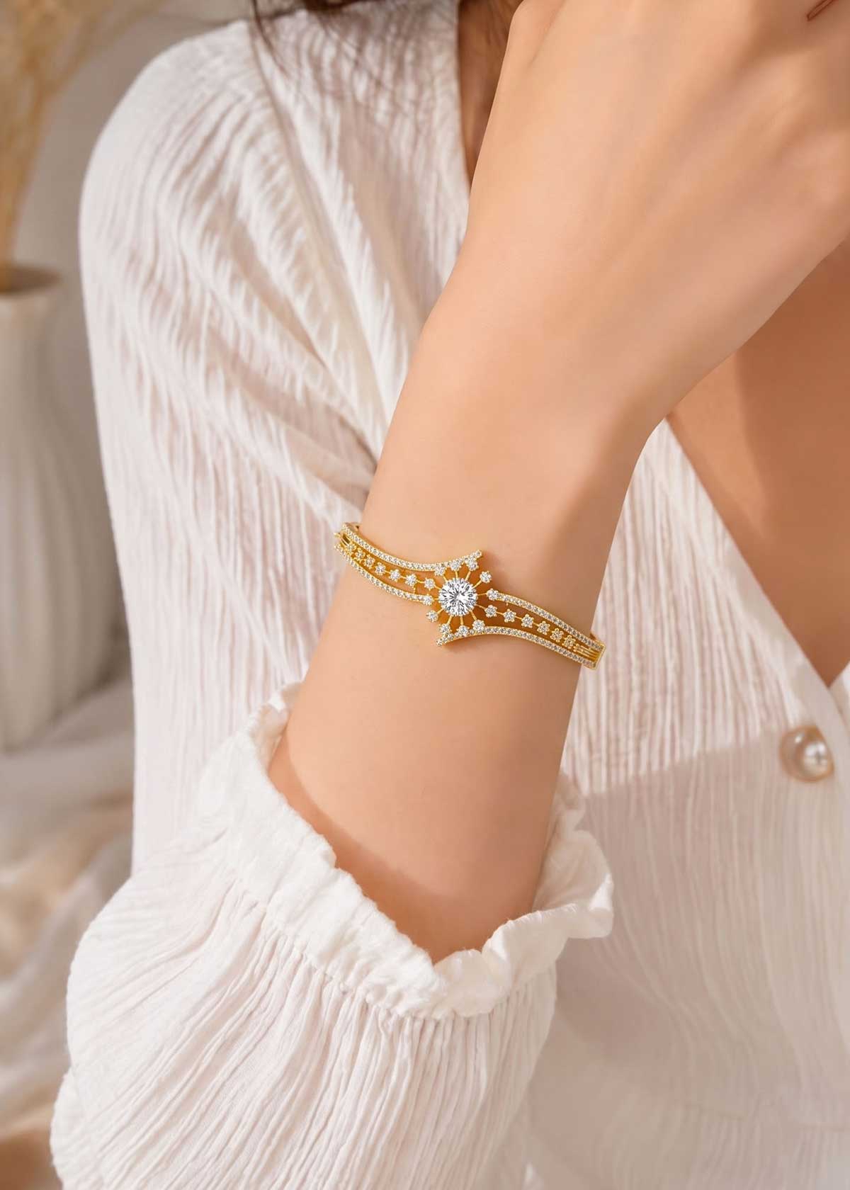 Beautiful Starburst Cubic Zircon Gold And Silver Plated Openable Kada Bracelet