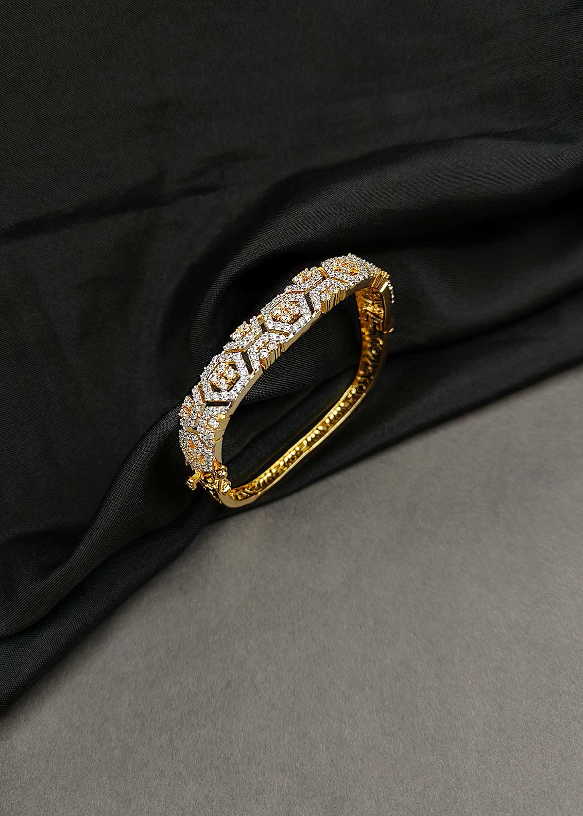 Statement Geometric Cubic Zircon Gold And Silver Plated Openable Kada Bracelet