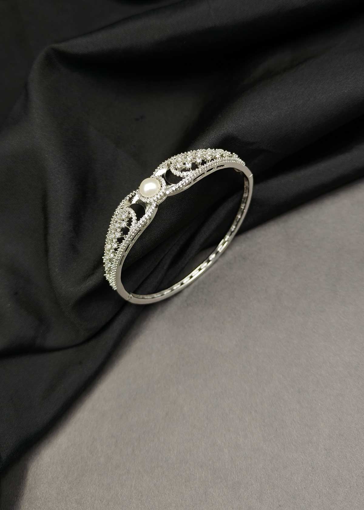 Elegant Pearl Centerpiece Cubic Zircon Gold And Silver Plated Openable Kada Bracelet