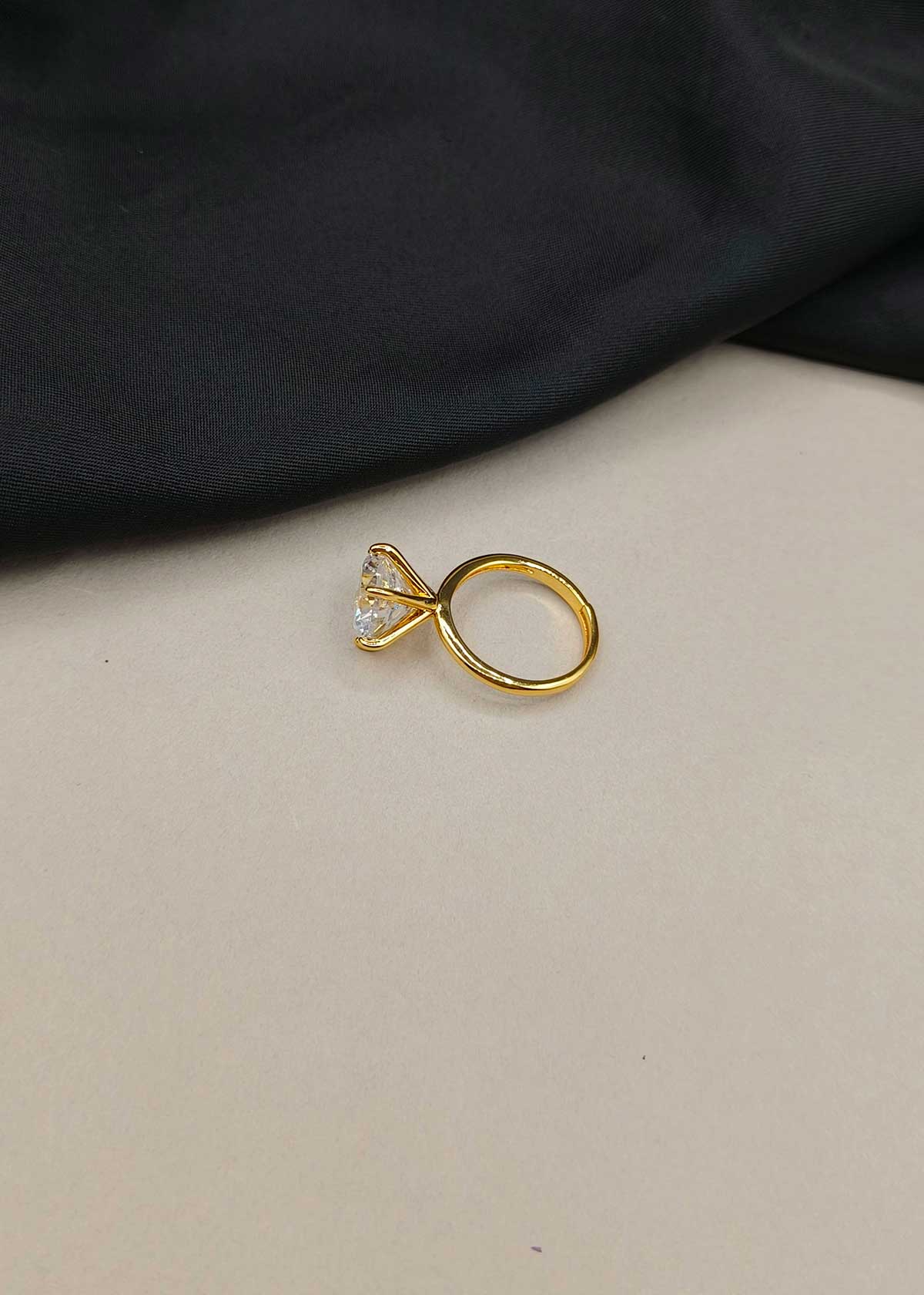 Classic Large Solitaire Diamond Gold Plated Adjustable Finger Ring For Women