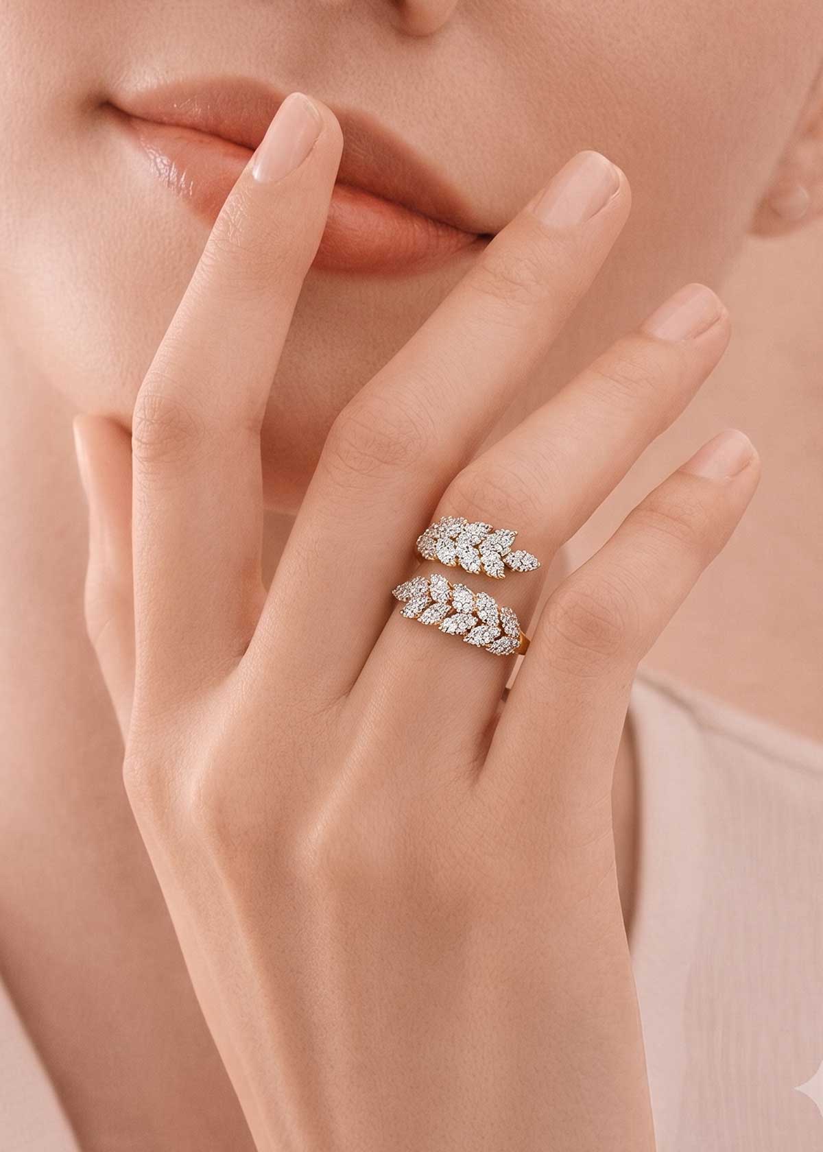 Nature Inspired Overlapping Leaf Cubic Zircon Gold Plated Adjustable Finger Ring For Women