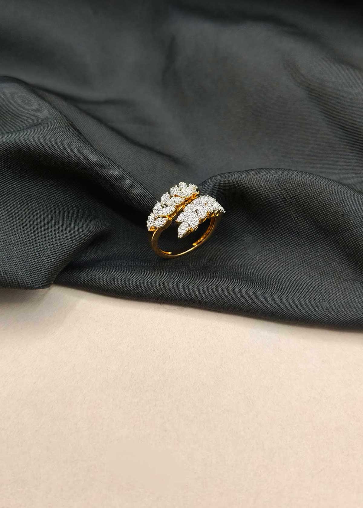 Nature Inspired Overlapping Leaf Cubic Zircon Gold Plated Adjustable Finger Ring For Women