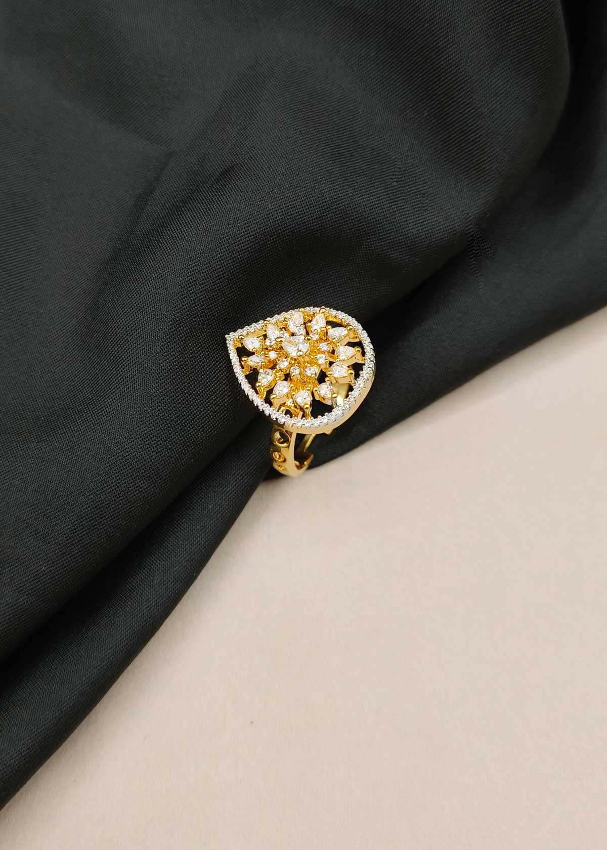 Teardrop Floral Pave Border Cubic Zircon Dual Tone Statement Finger Ring For Women