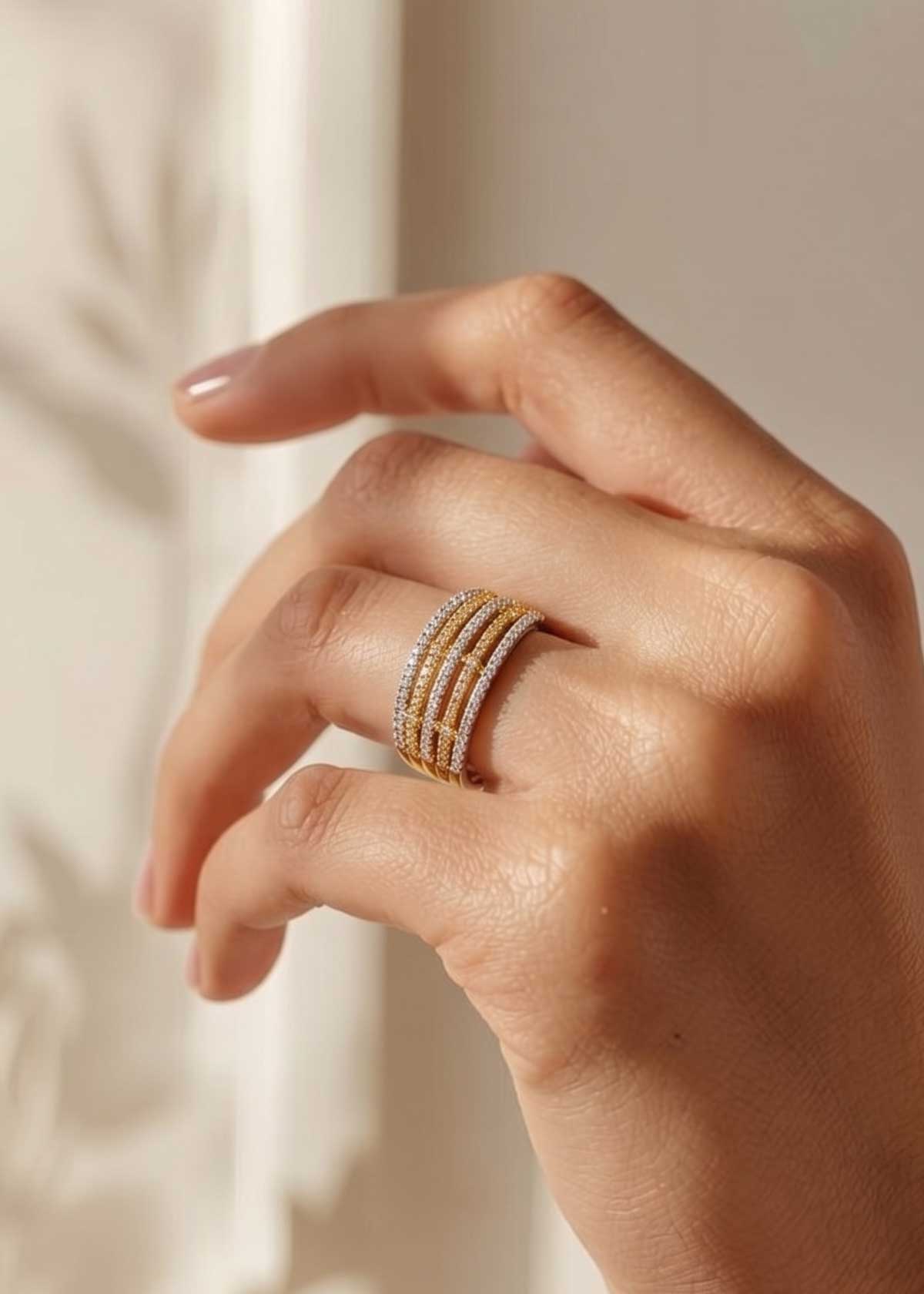 Radiant Multi-Band Cubic Zircon Gold And Silver Plated Adjustable Ring For Women