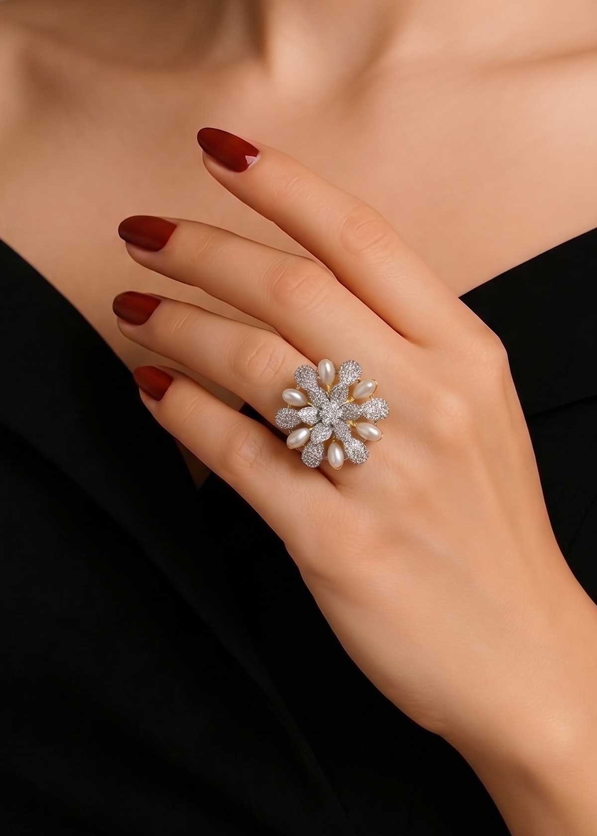 Blooming Pearl & Cubic Zircon Floral Cluster Gold And Silver Plated Adjustable Ring For Women
