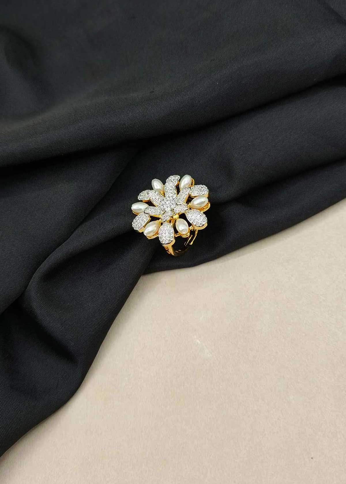 Blooming Pearl & Cubic Zircon Floral Cluster Gold And Silver Plated Adjustable Ring For Women