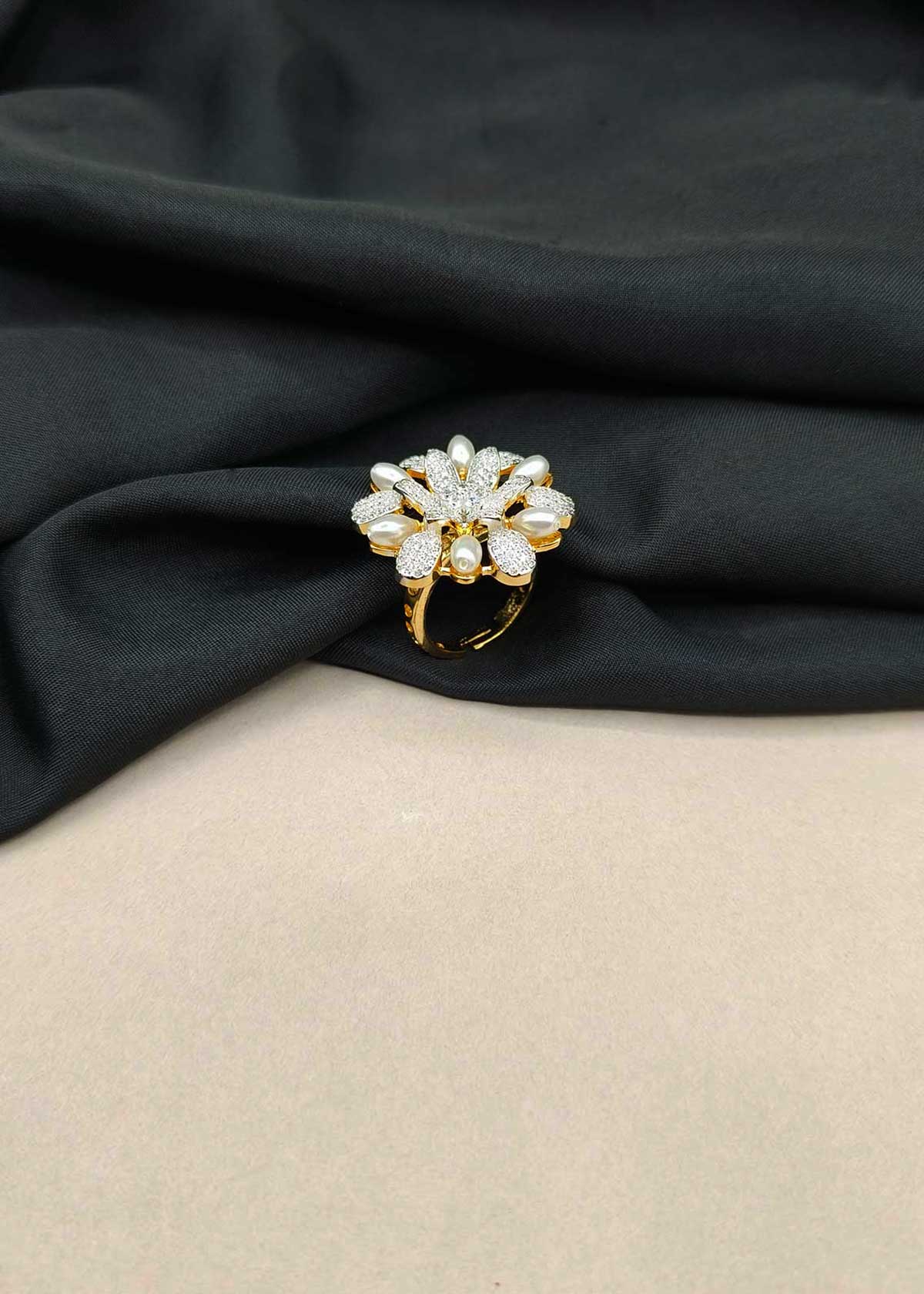 Blooming Pearl & Cubic Zircon Floral Cluster Gold And Silver Plated Adjustable Ring For Women