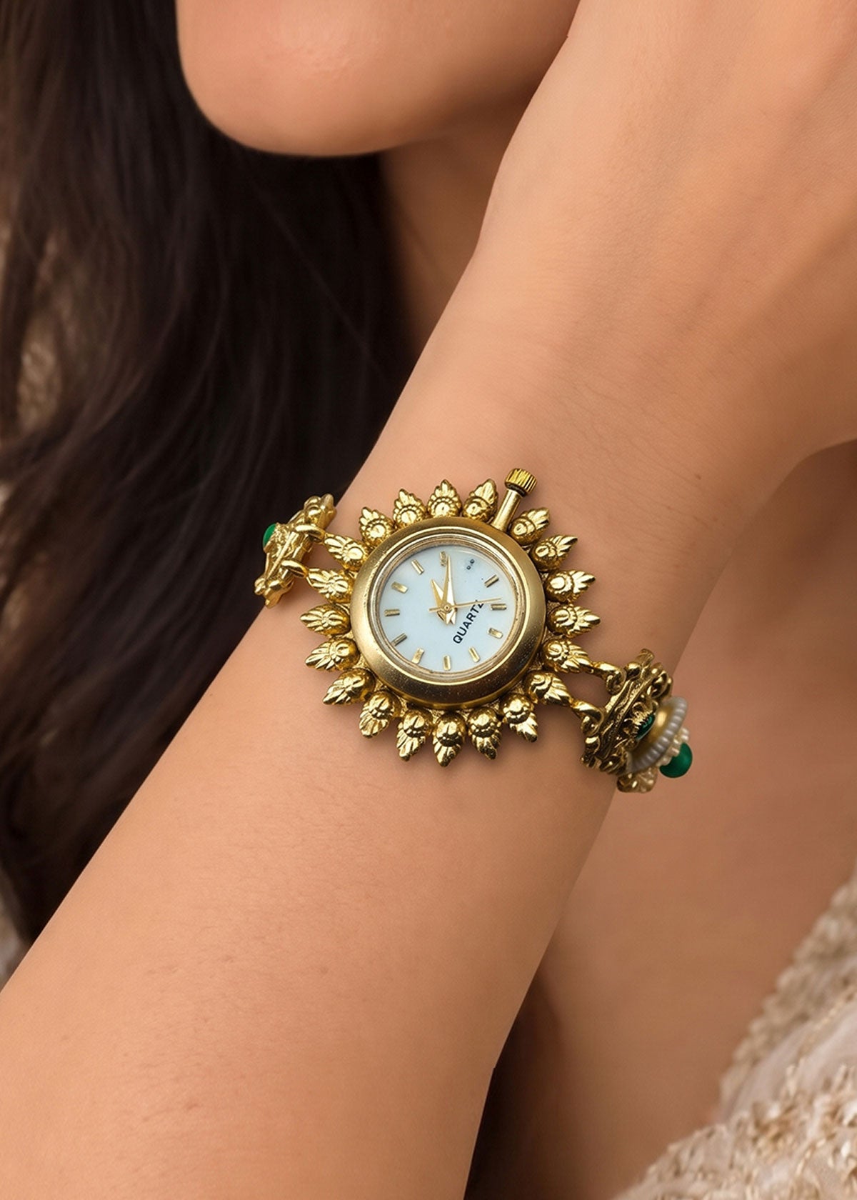 Heavy Temple Style Kemp, Cubic Zircon & Pearl Sunburst Adjustable Watch For Women