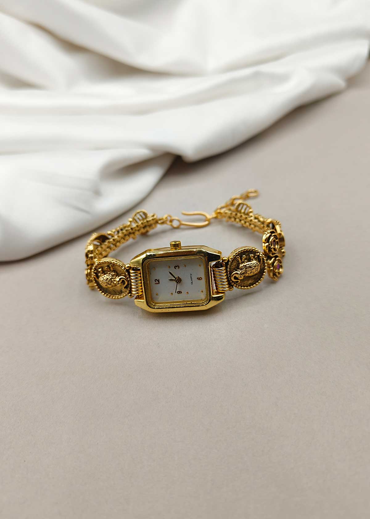 Traditional Rectangular Shape Elephant Coin Motif Kundan & Cubic Zircon Adjustable Bold Watch For Women