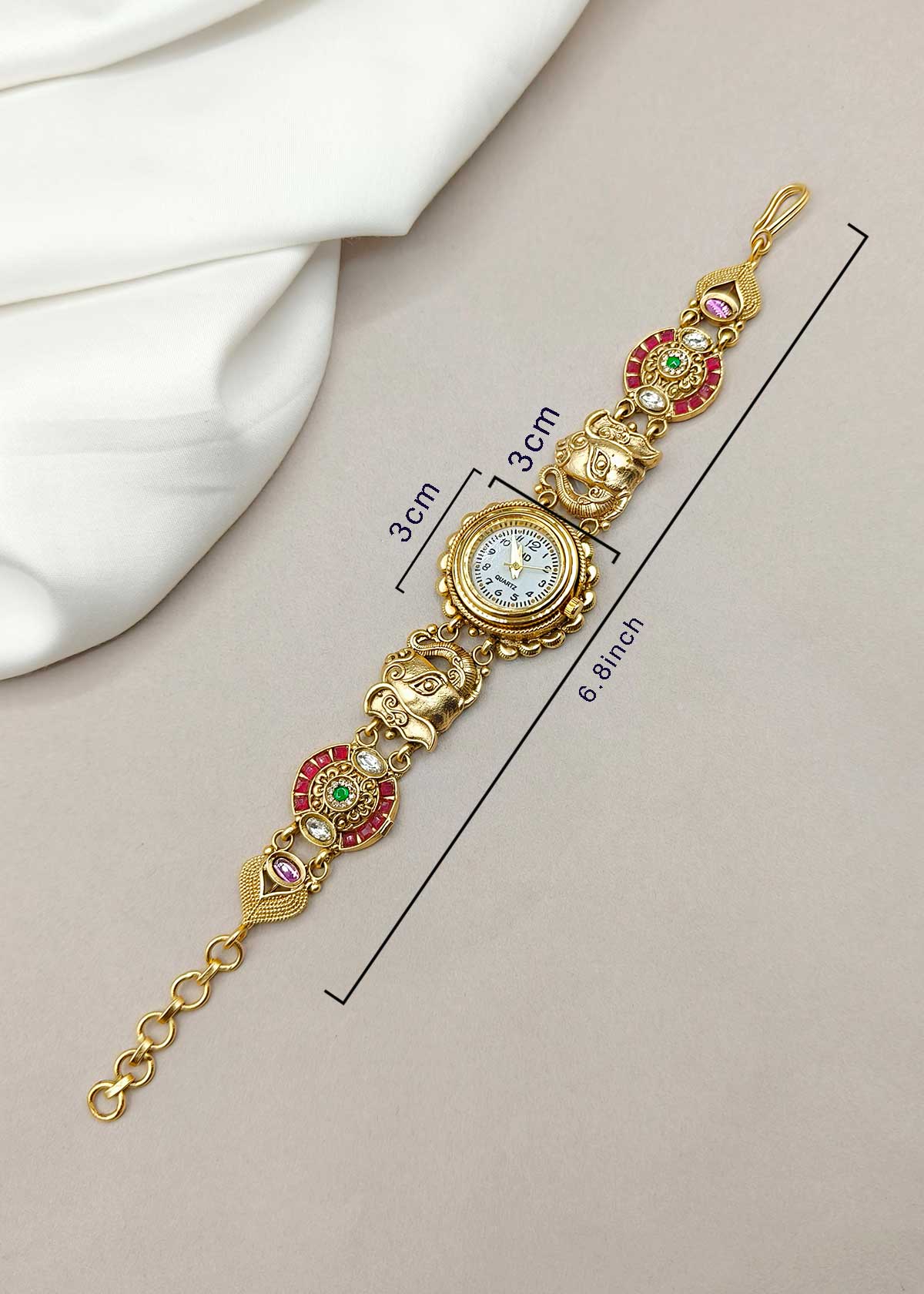 Rajwadi Style Royal Elephant Motif Kundan & Cubic Zircon Heavy Adjustable Watch For Women