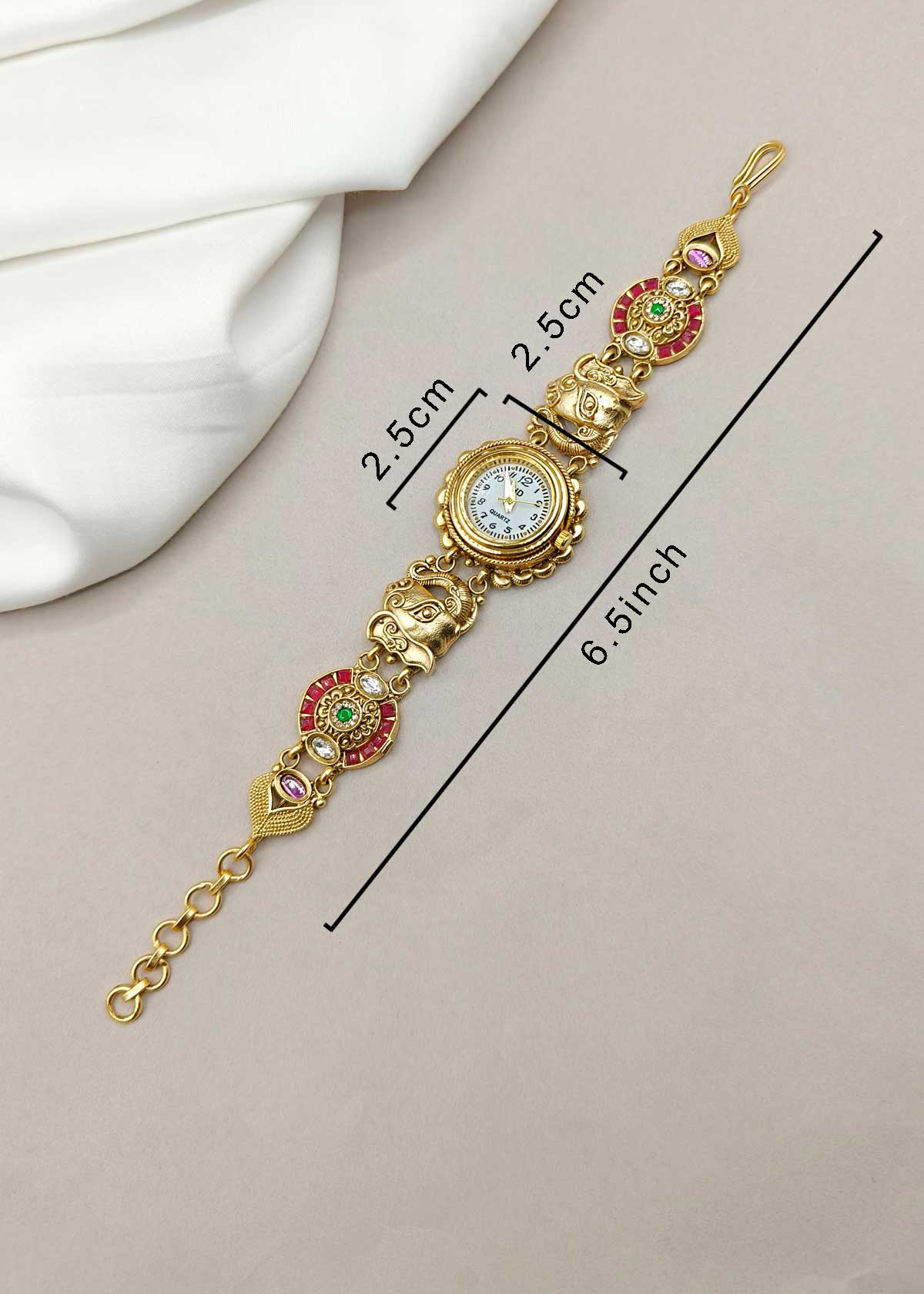 Royal Elephant Motif Kundan & Cubic Zircon Heavy Adjustable Watch For Women