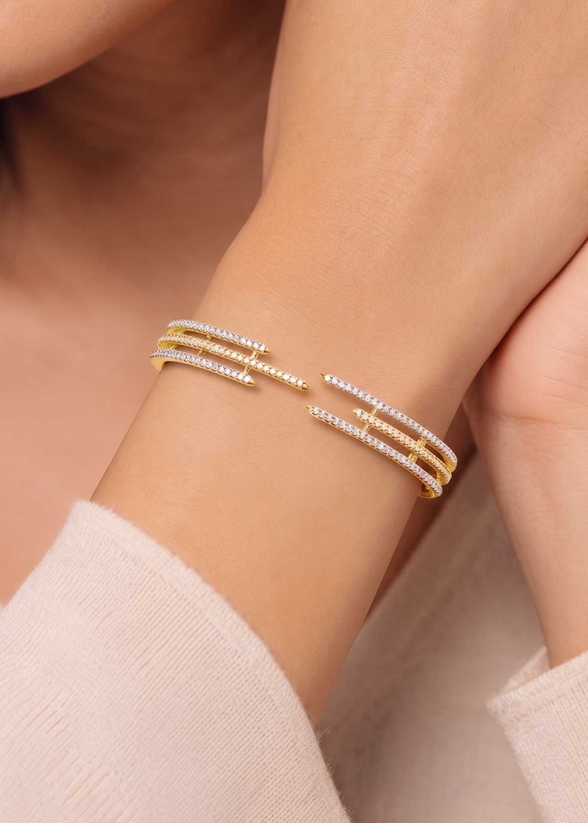 Dazzling Multi-Row Pave Cubic Zircon Gold And Silver Plated Openable Kada Bracelet For Women